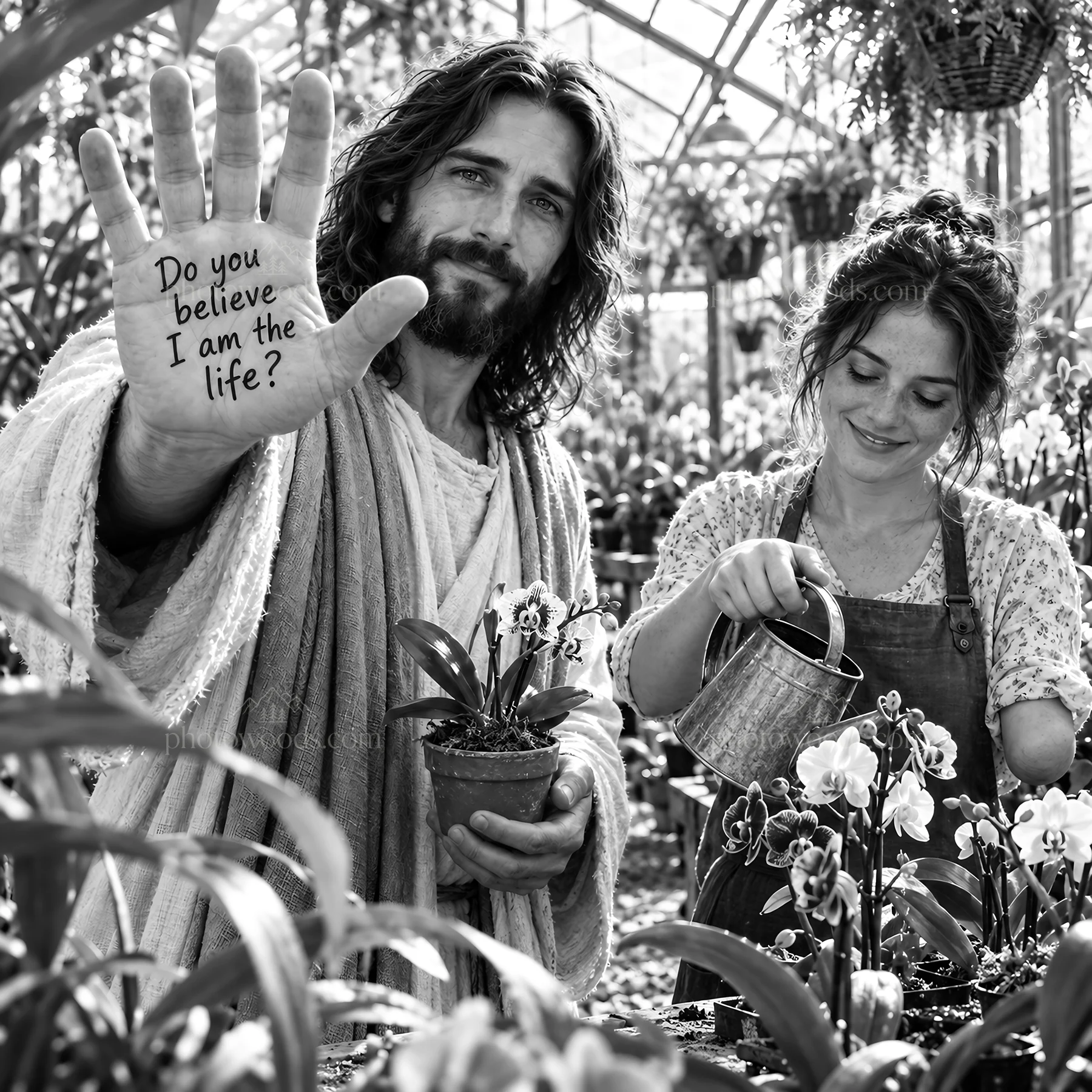 Jesus Christ shares a message of life in a greenhouse scene - AI-generated stock image