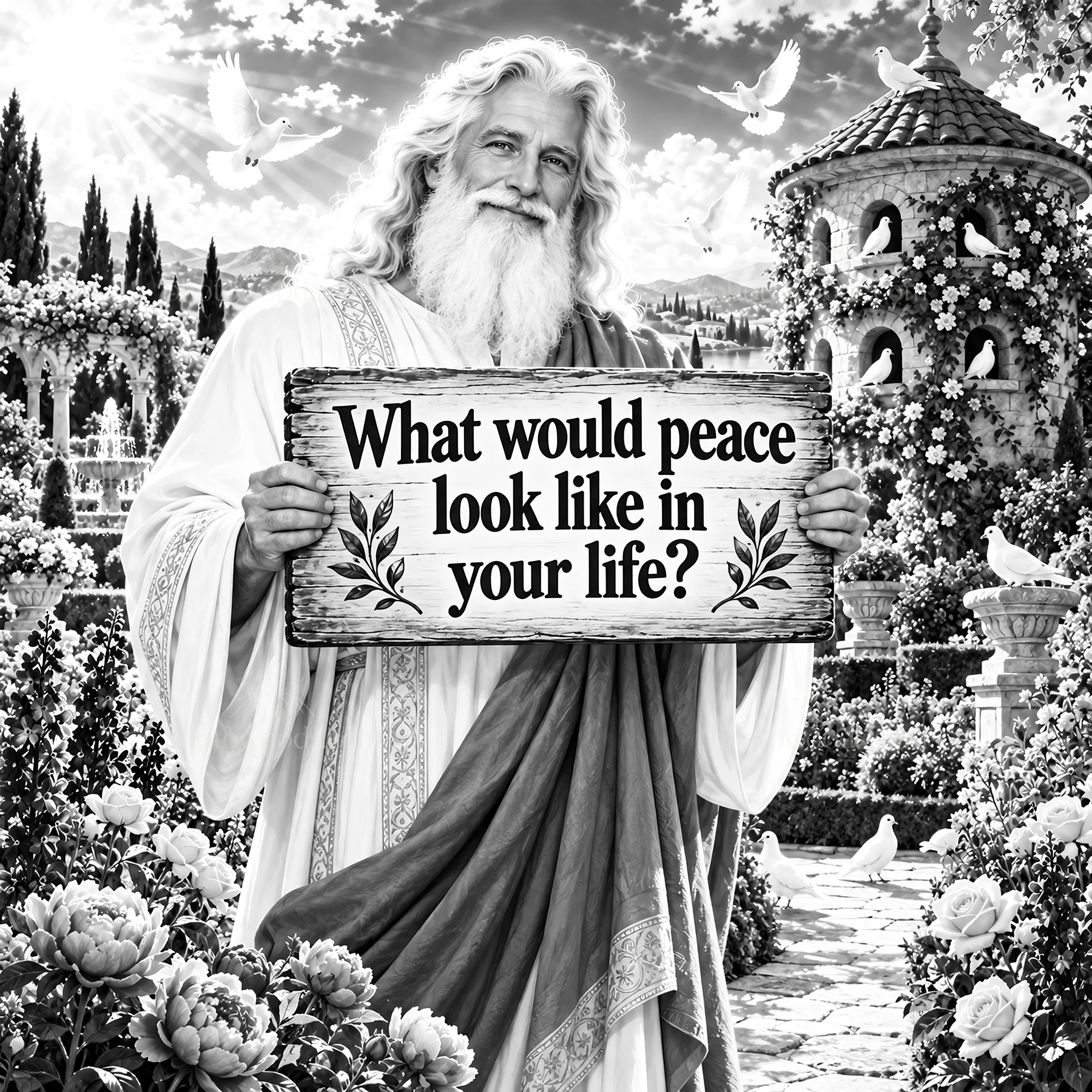 Jesus Christ holding a sign asking about peace in life - AI-generated stock image
