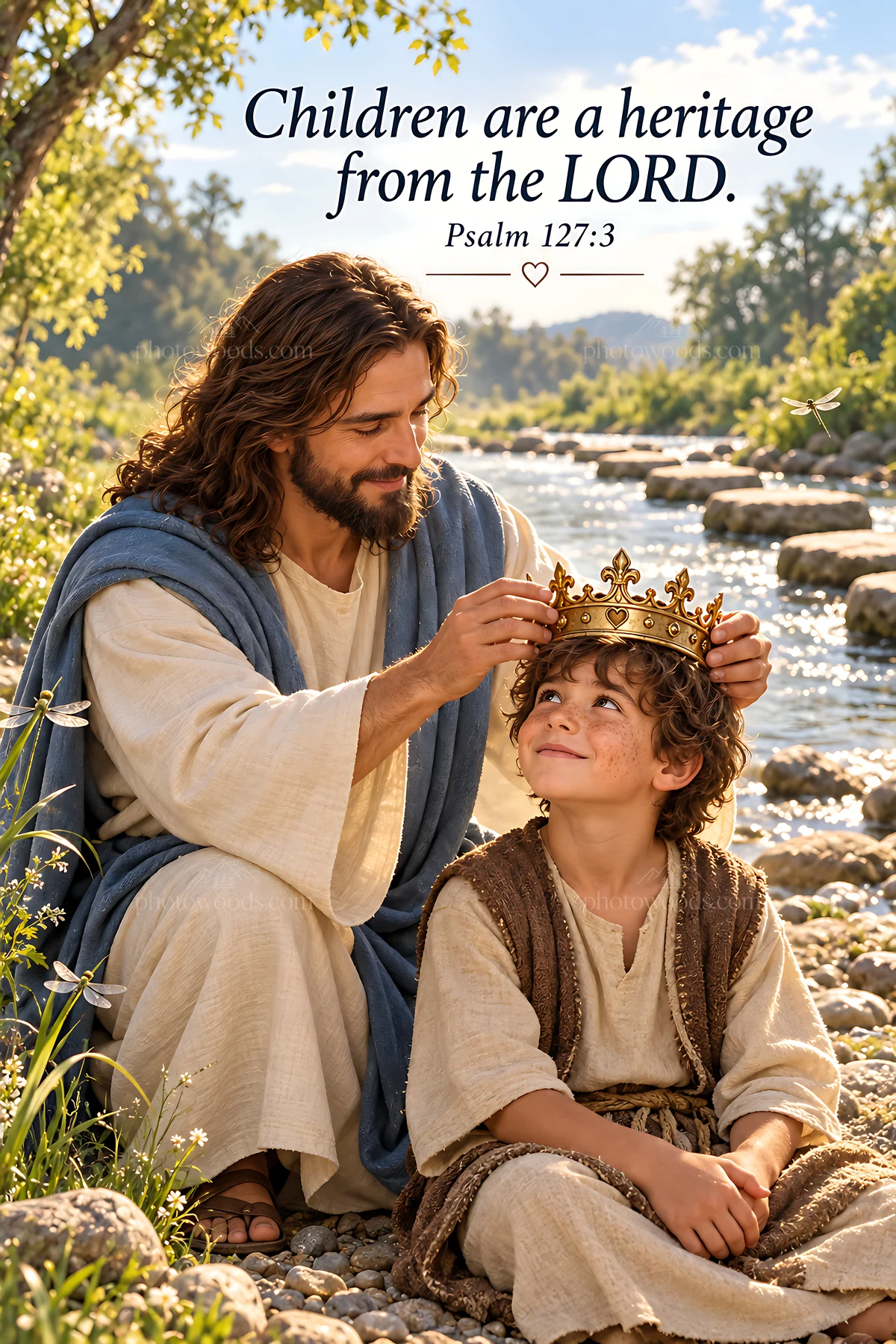 Jesus Christ places a crown on a child by the river - AI-generated stock image
