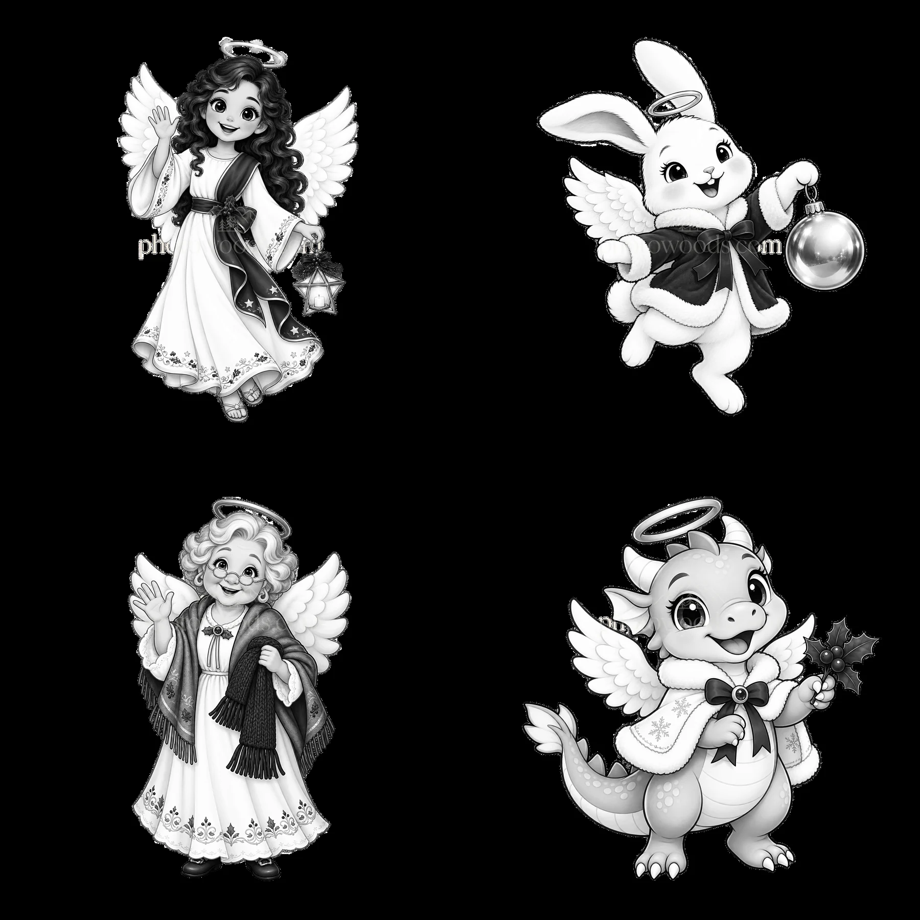 Cute Christmas angel cartoon characters in a 2x2 layout - AI-generated stock image