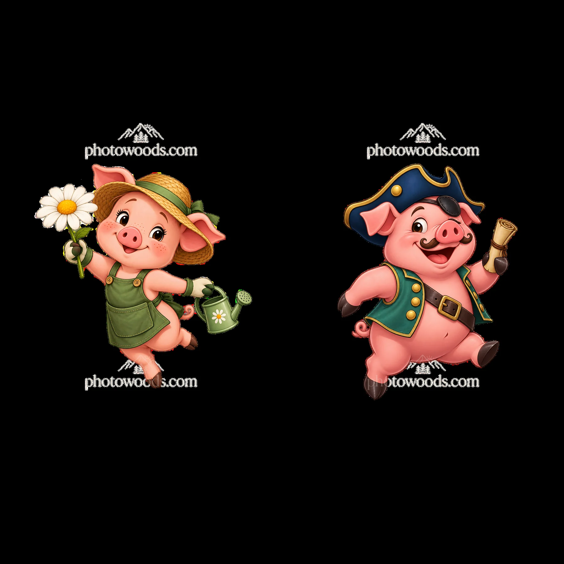 Cheerful pigs in garden and pirate outfits - AI-generated stock image
