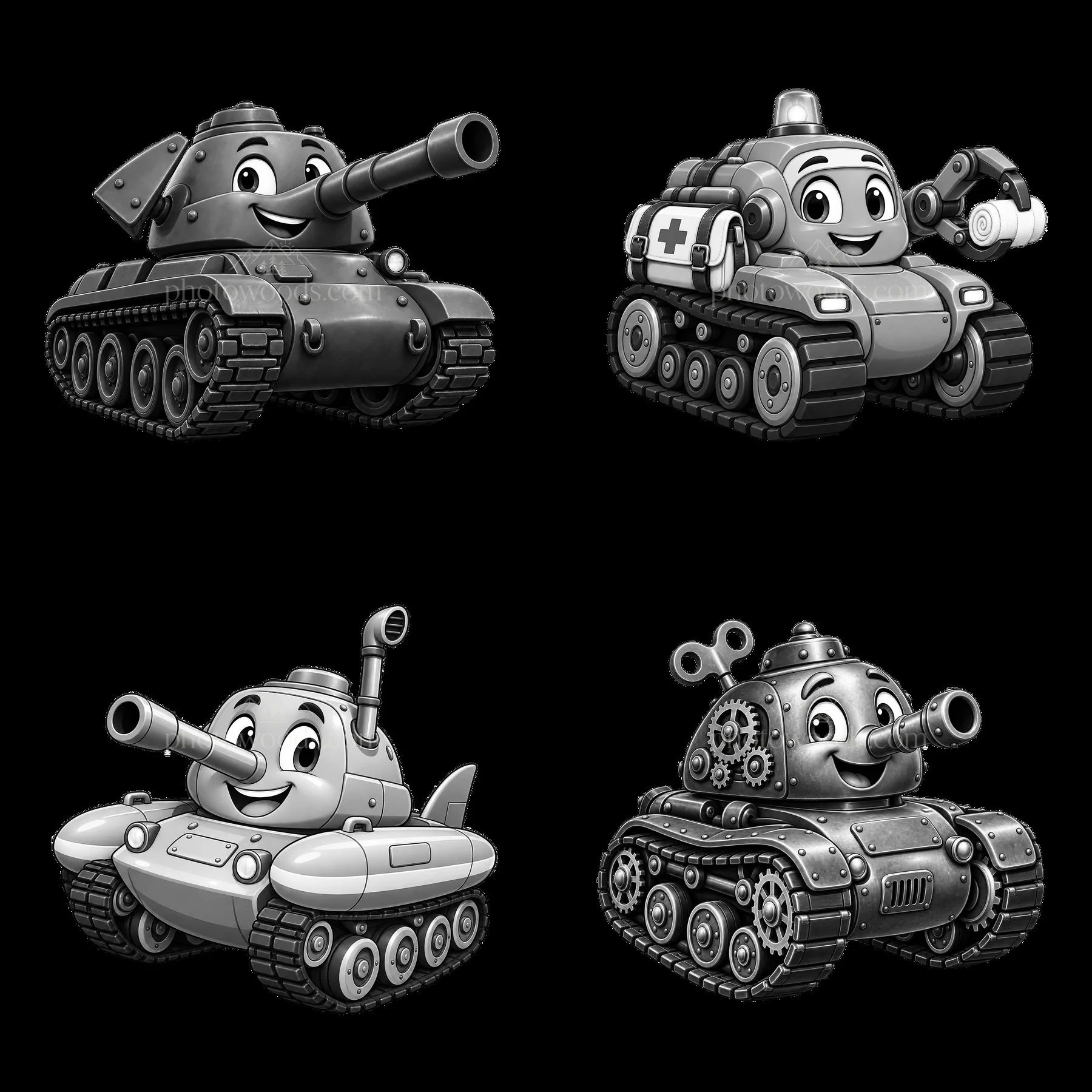 Cartoon tanks with friendly faces in a 2x2 layout - AI-generated stock image