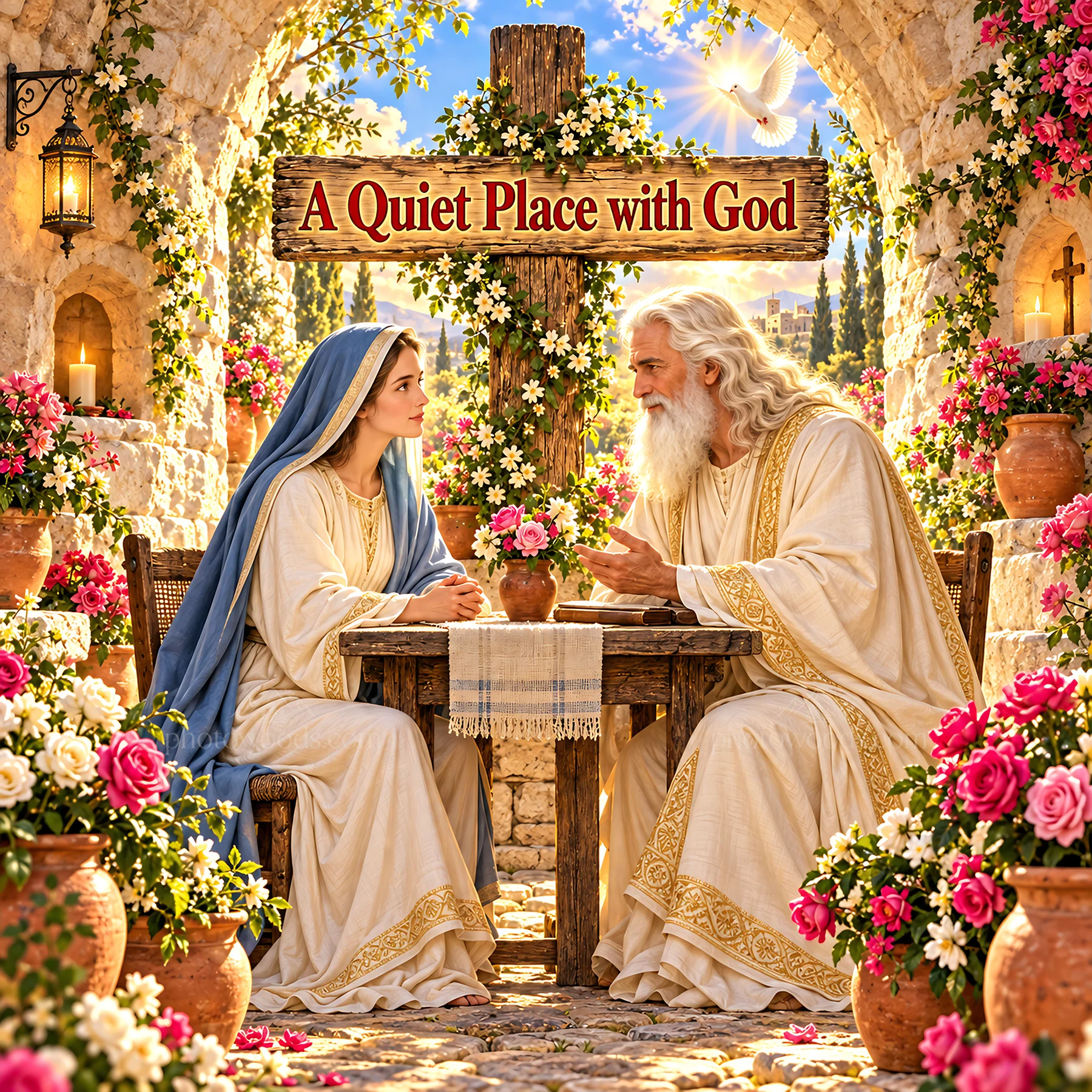 Jesus Christ sharing a meal in a garden with a woman - AI-generated stock image