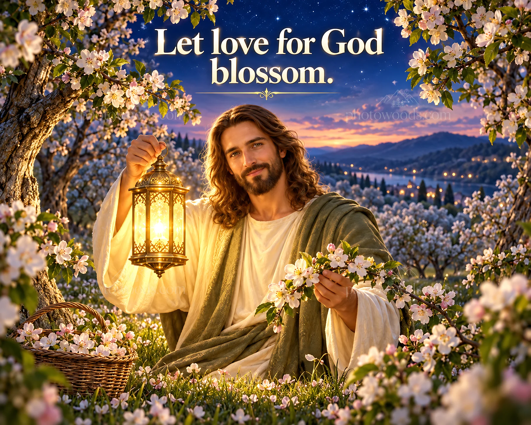 Jesus Christ holding a lantern in a flower garden - AI-generated stock image