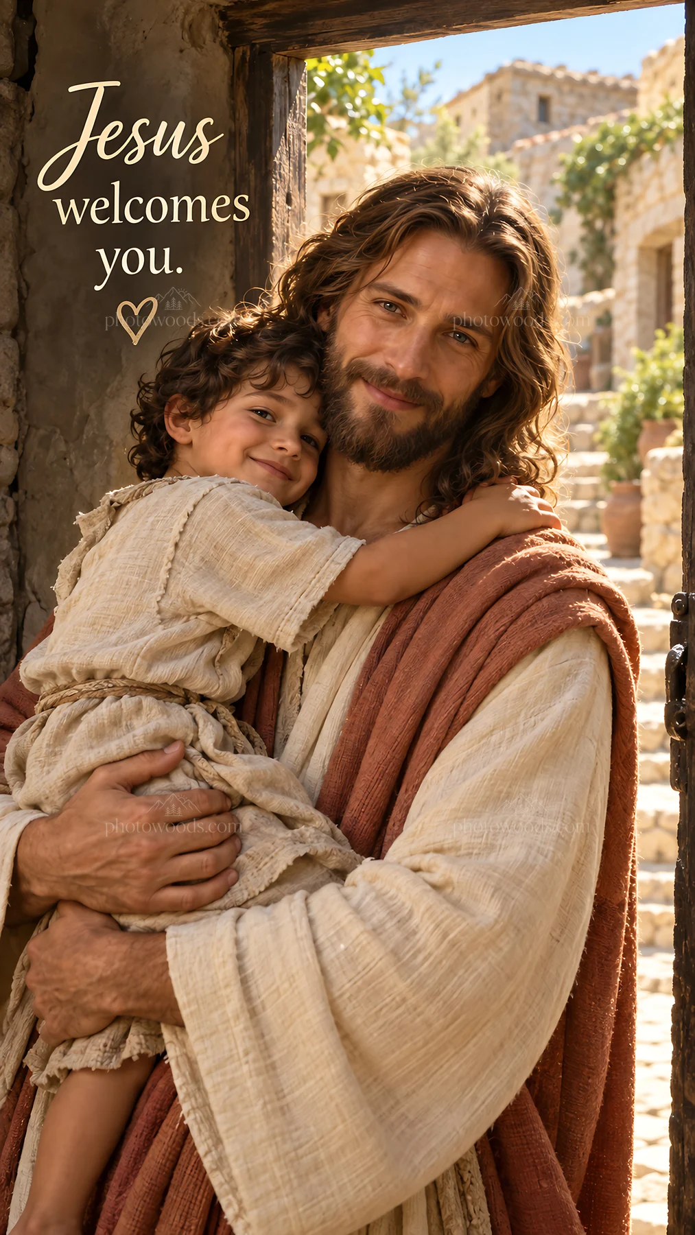 Jesus Christ welcomes a child with open arms - AI-generated stock image