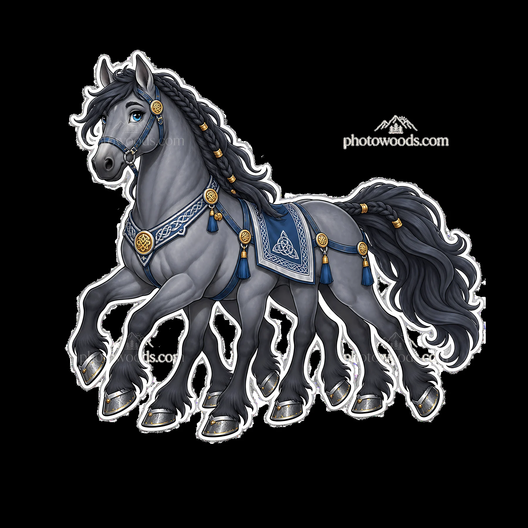 Odin's Sleipnir with a blue harness and silver accessories - AI-generated stock image