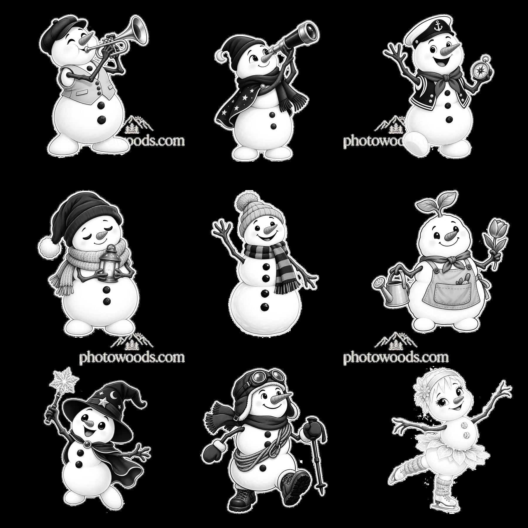 Snowman characters with various activities in a 3x3 grid - AI-generated stock image