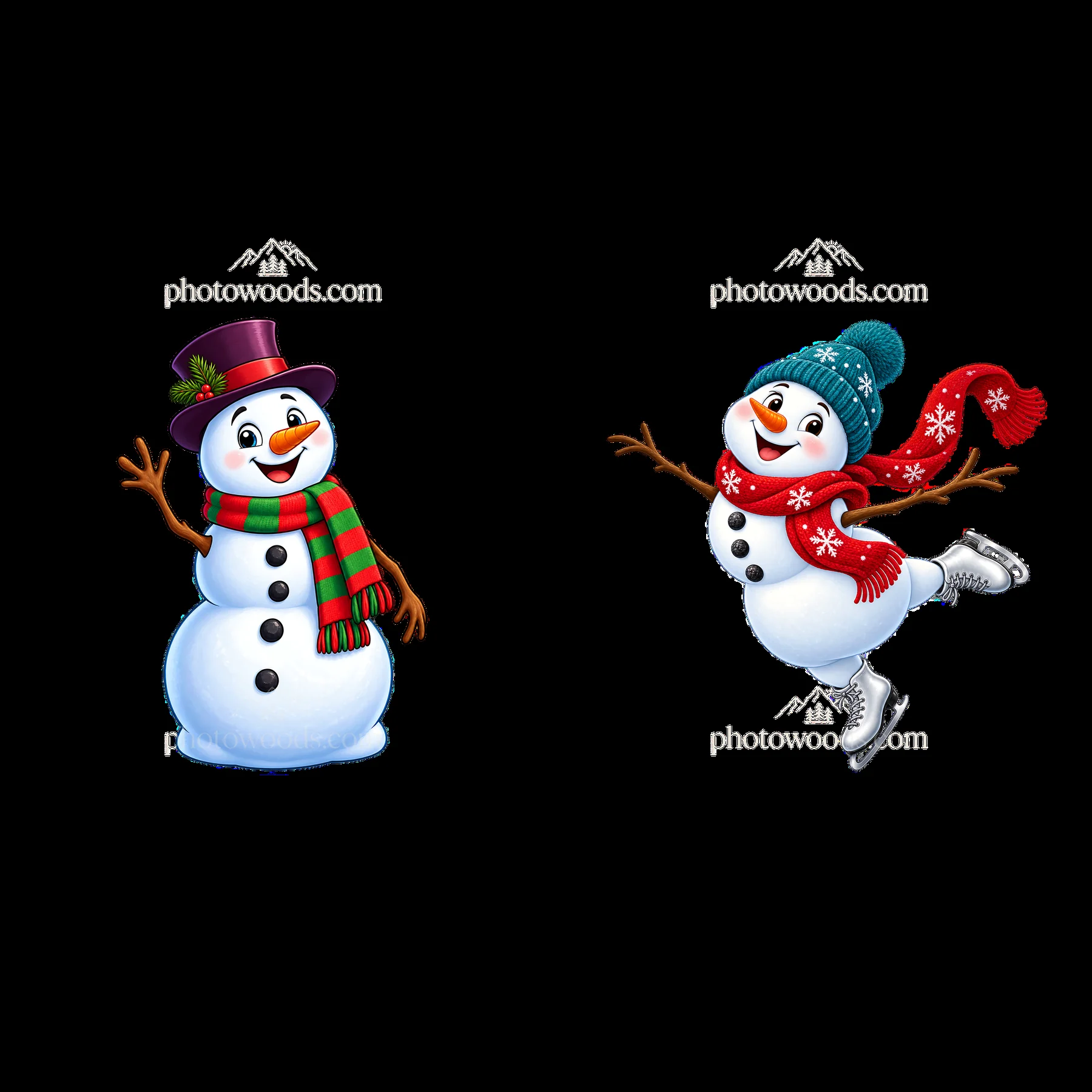 Snowmen in winter attire waving and ice skating for Christmas - AI-generated stock image
