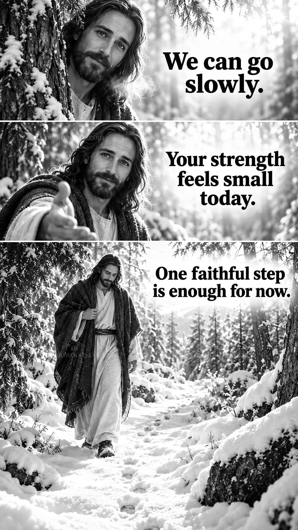 Jesus Christ offering comfort in a snowy forest - AI-generated stock image