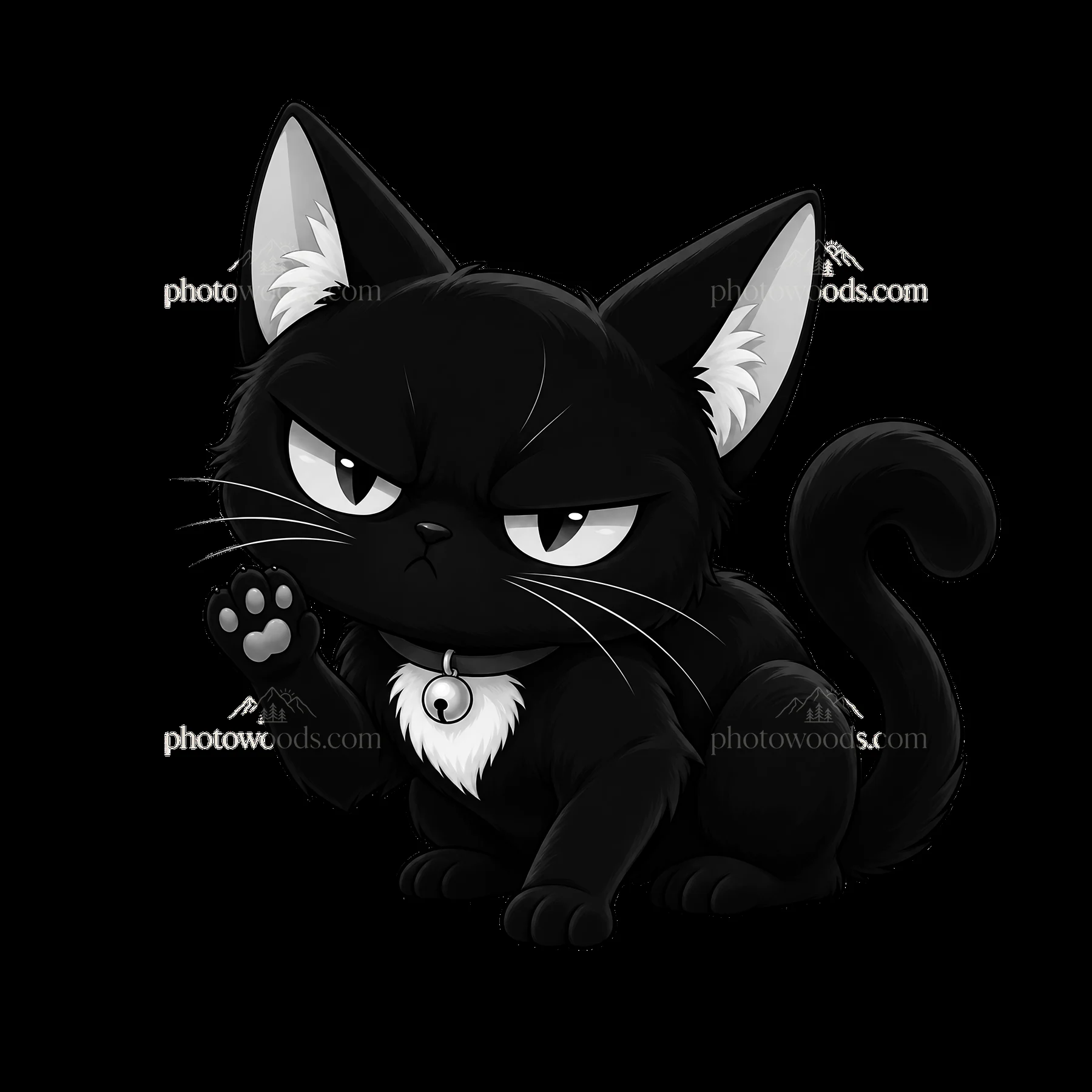 Kawaii grumpy black cat with raised paw and distinctive features - AI-generated stock image