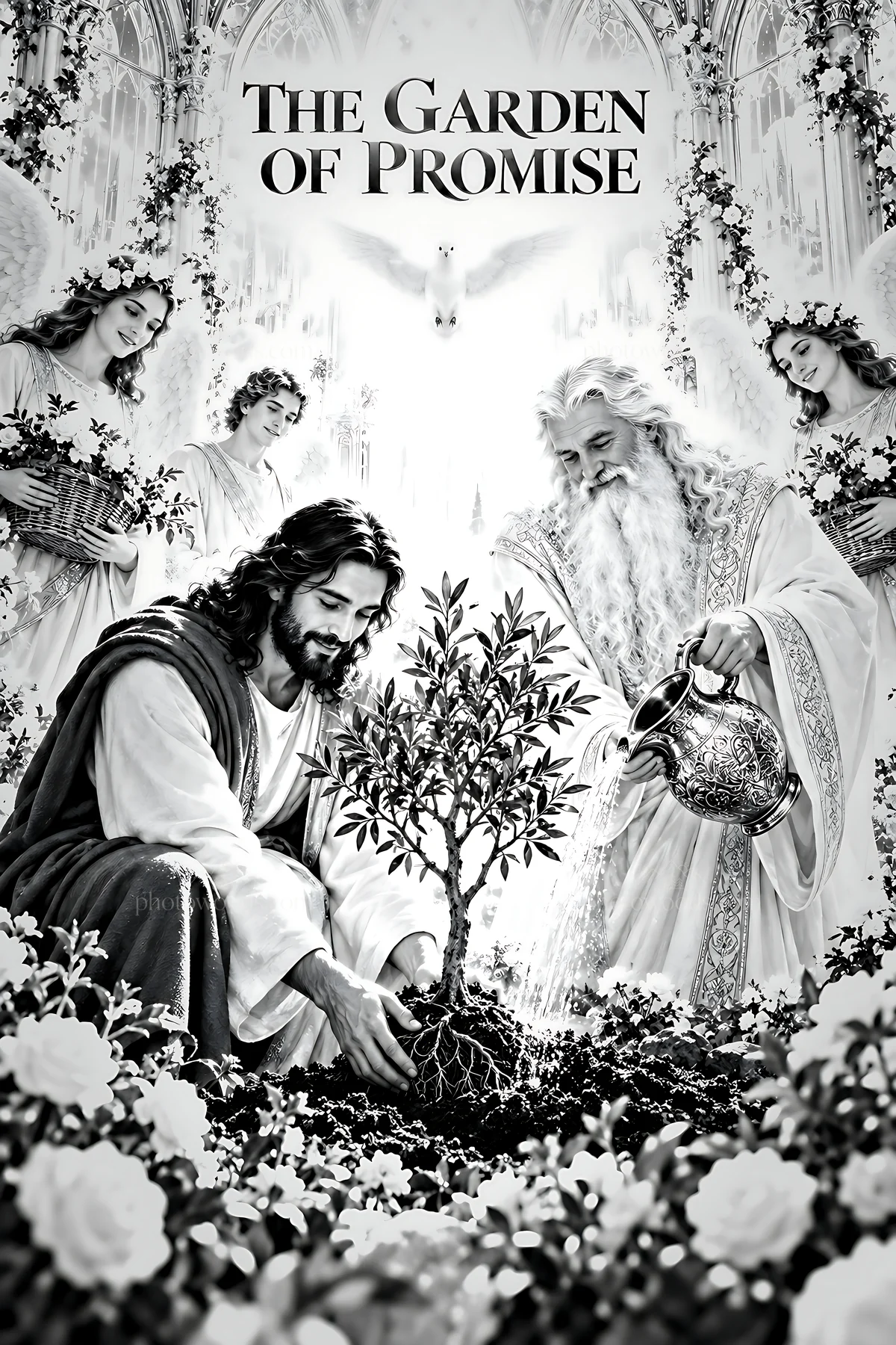Garden scene with figures planting a tree in a spiritual setting - AI-generated stock image