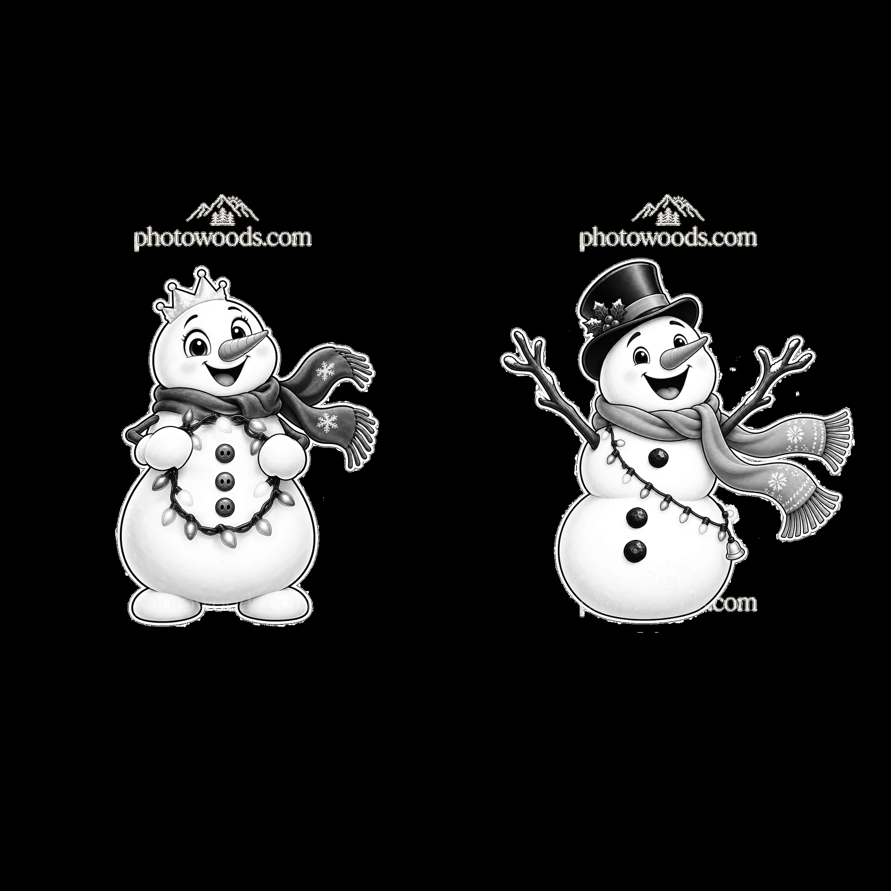 Snowmen with string lights and winter accessories in a pair - AI-generated stock image