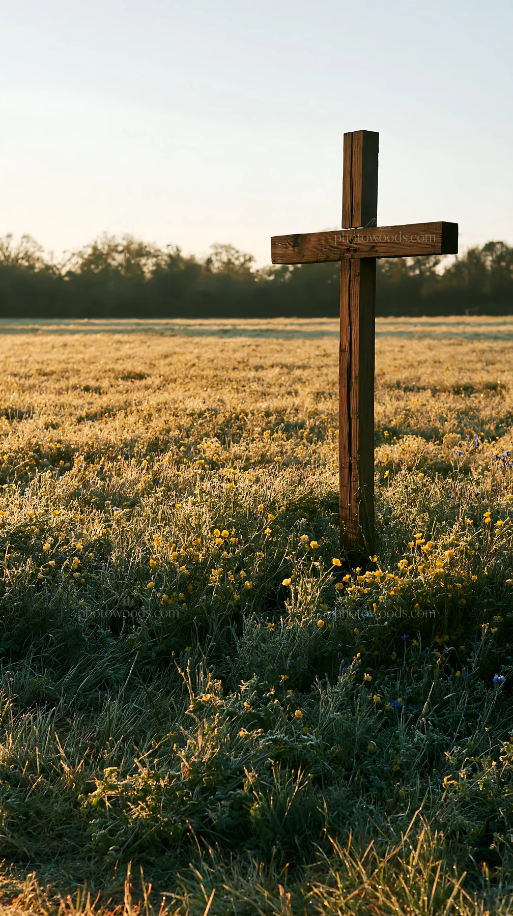Wooden cross in a meadow with frost and flowers - AI-generated stock image