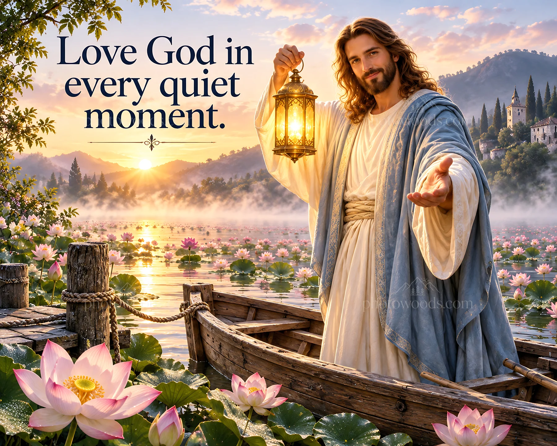 Jesus Christ offers guidance in a peaceful lakeside setting - AI-generated stock image