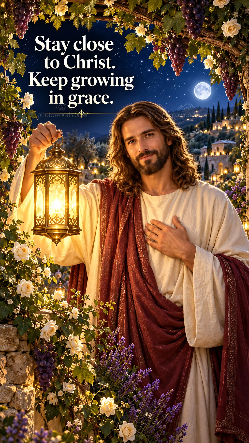 Jesus Christ holding a lantern in a garden at night - AI-generated stock image