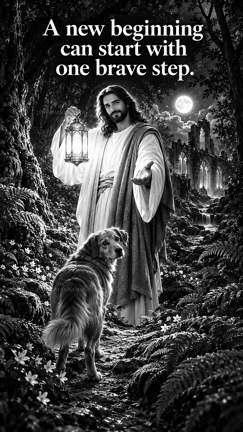 Jesus Christ welcoming a new beginning with a faithful companion - AI-generated stock image