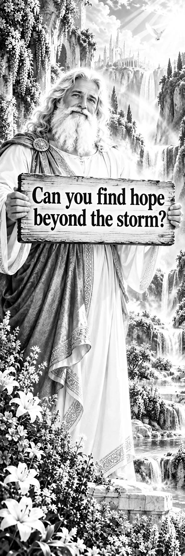 Jesus Christ holding a sign asking about hope beyond the storm - AI-generated stock image