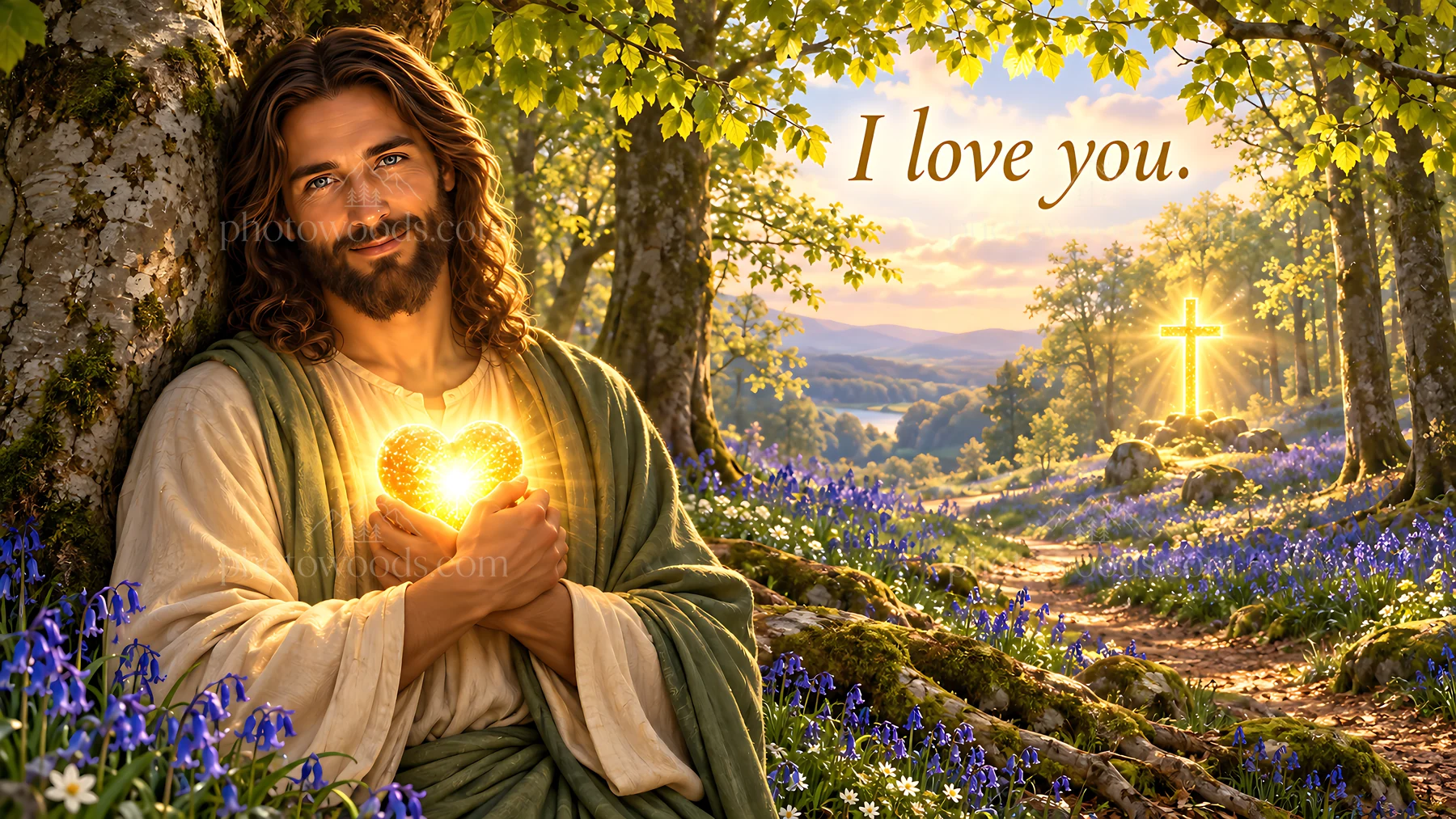 Love in the Bluebell Wood with heart and light - AI-generated stock image