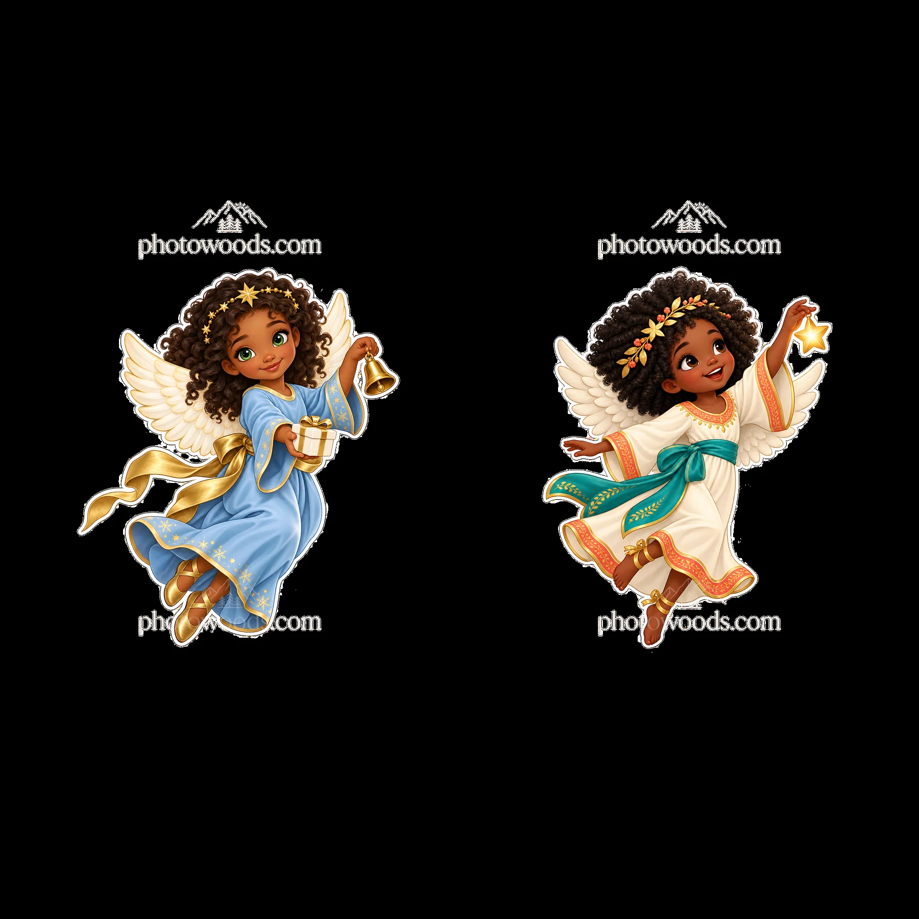 Christ Child figures carrying gifts and bells in Christmas attire - AI-generated stock image