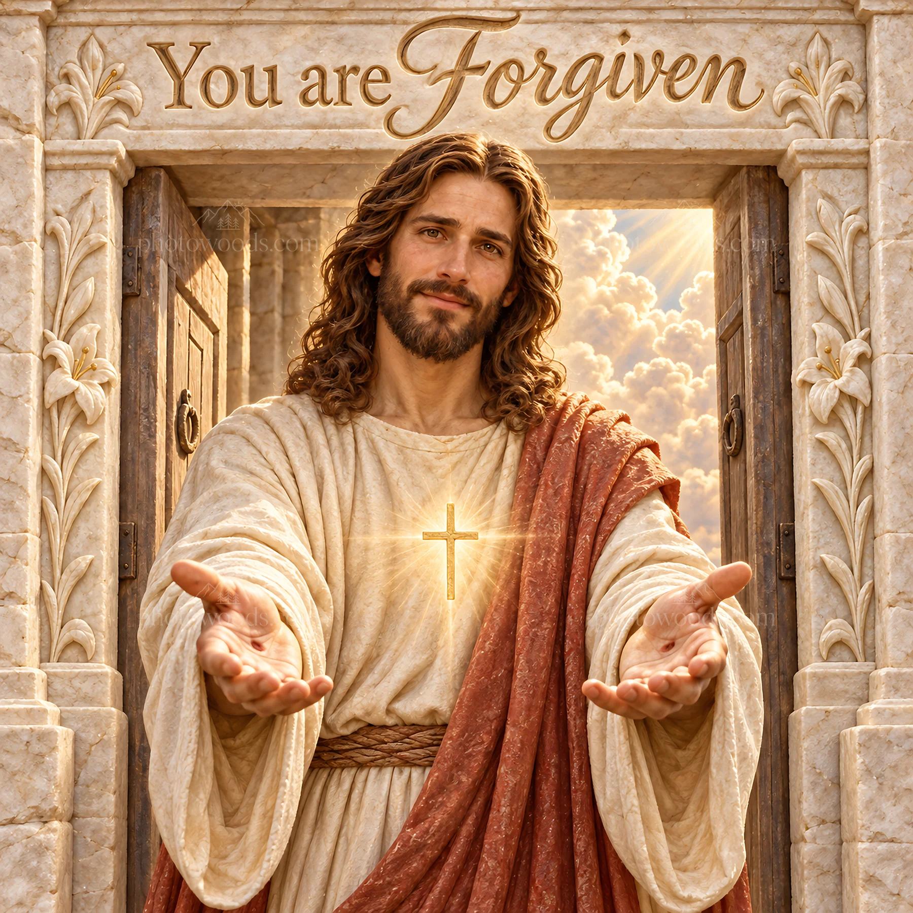 Jesus Christ welcoming with open arms and offering forgiveness - AI-generated stock image