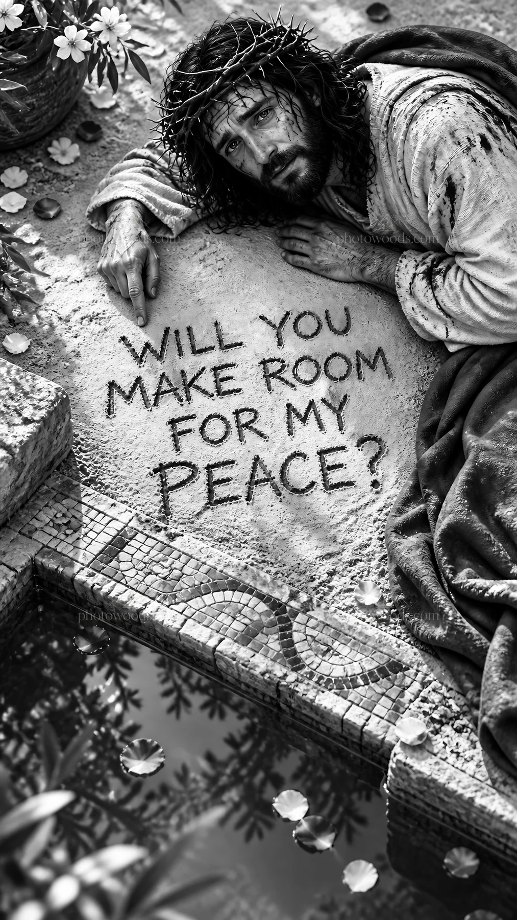 Jesus Christ speaks about peace in a garden setting - AI-generated stock image