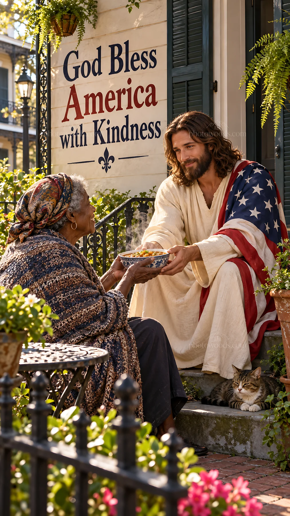 Jesus Christ sharing kindness and comfort with a woman - AI-generated stock image