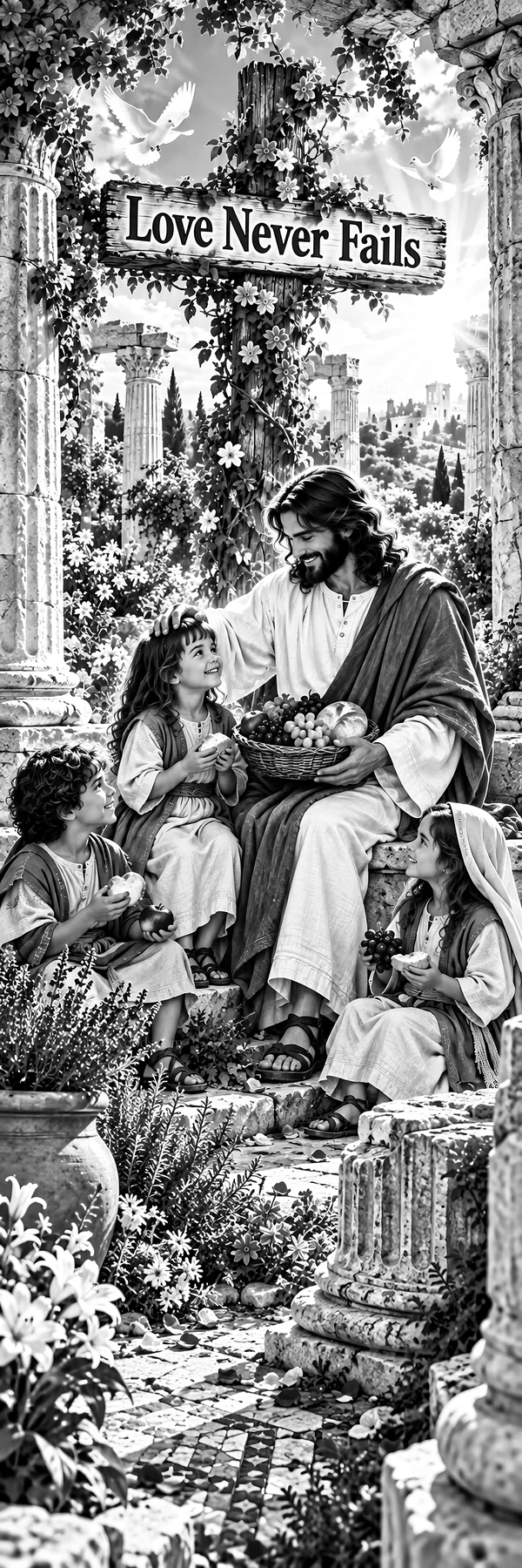 Jesus Christ sharing food with children in a garden - AI-generated stock image