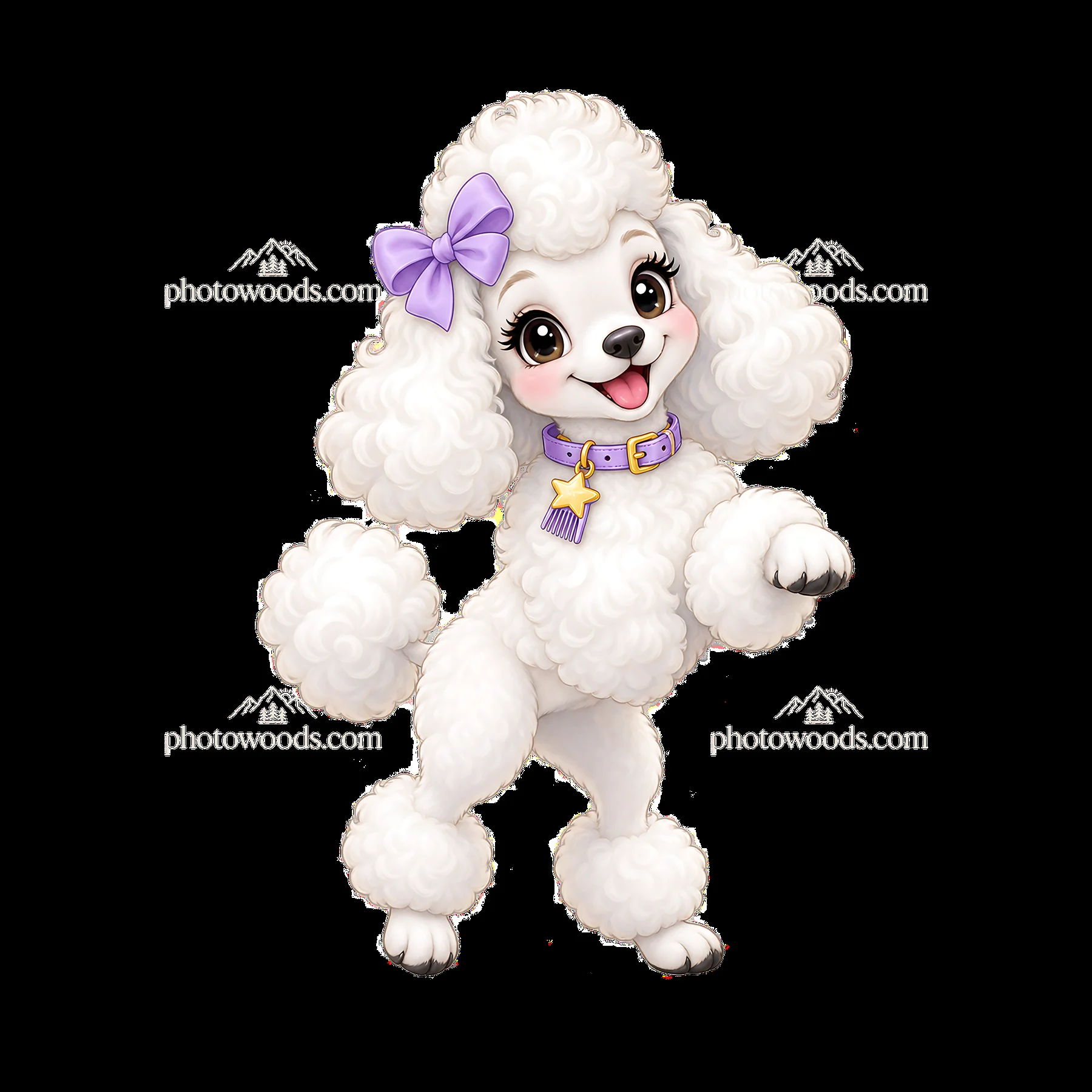 Cute cartoon poodle dog standing and smiling with a bow - AI-generated stock image