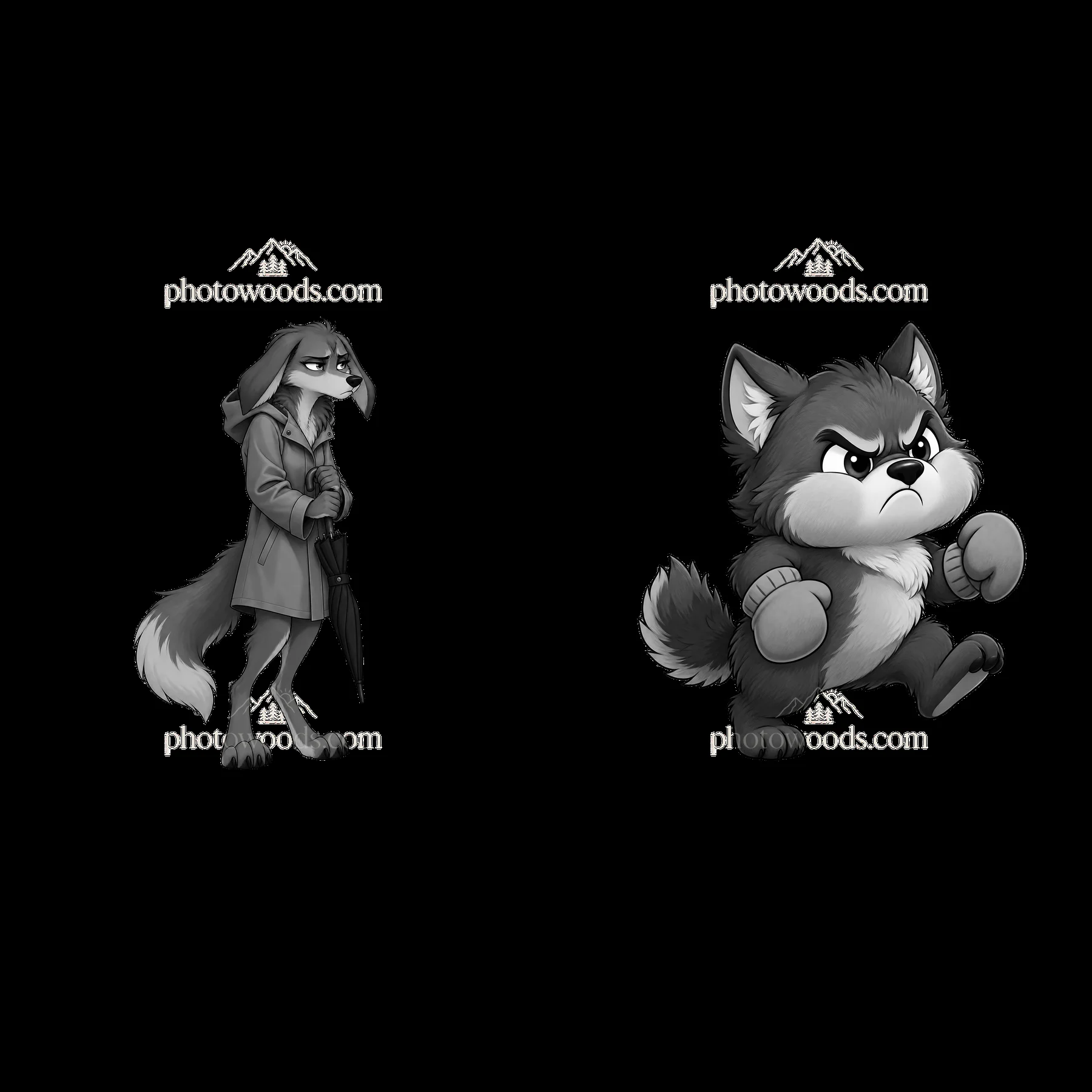 Grumpy wolf character duo walking and running in black and white - AI-generated stock image