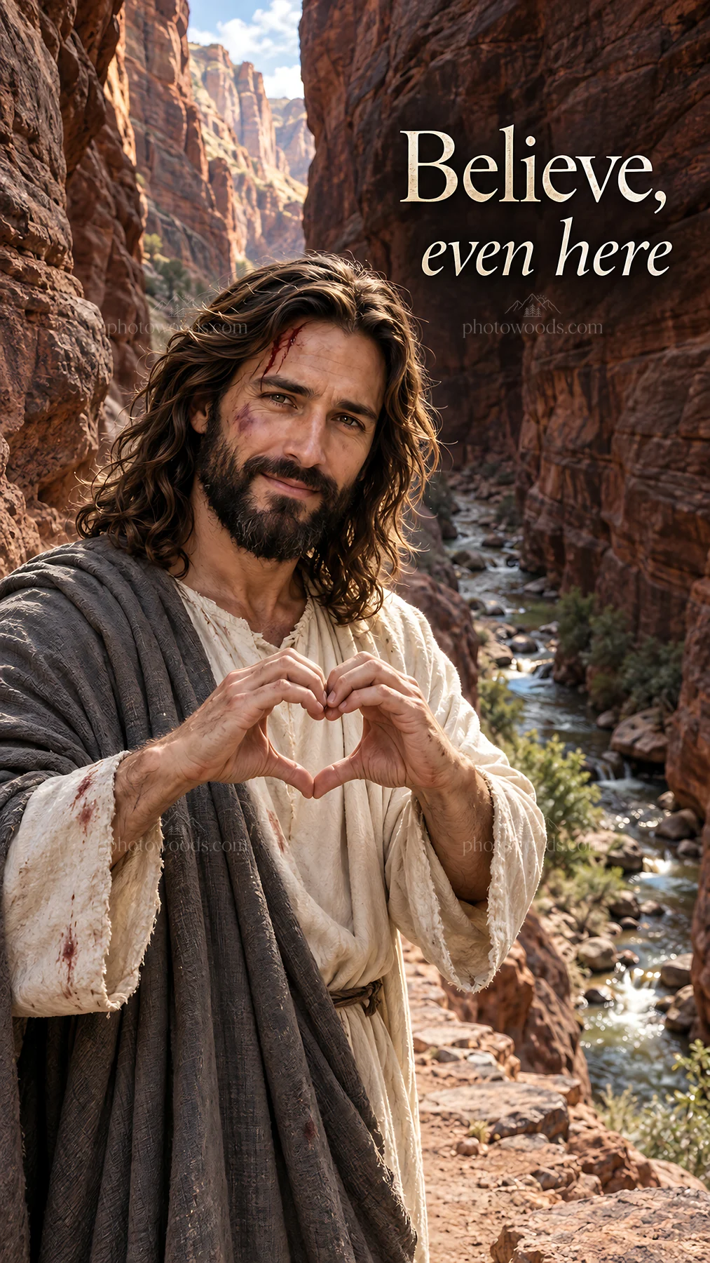 Jesus Christ making a heart shape with hands in nature - AI-generated stock image