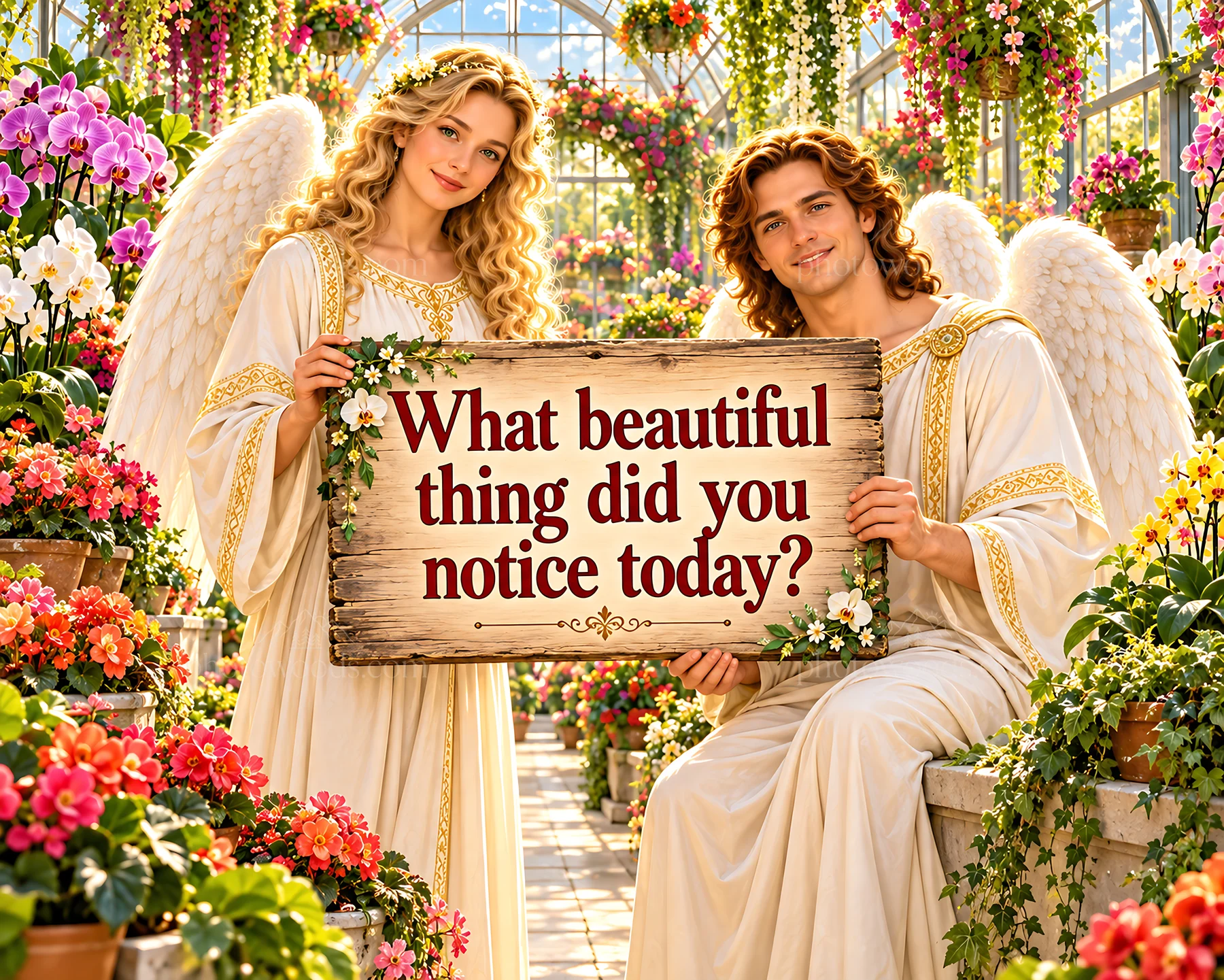 Jesus Christ sharing joy in a floral garden with angels - AI-generated stock image