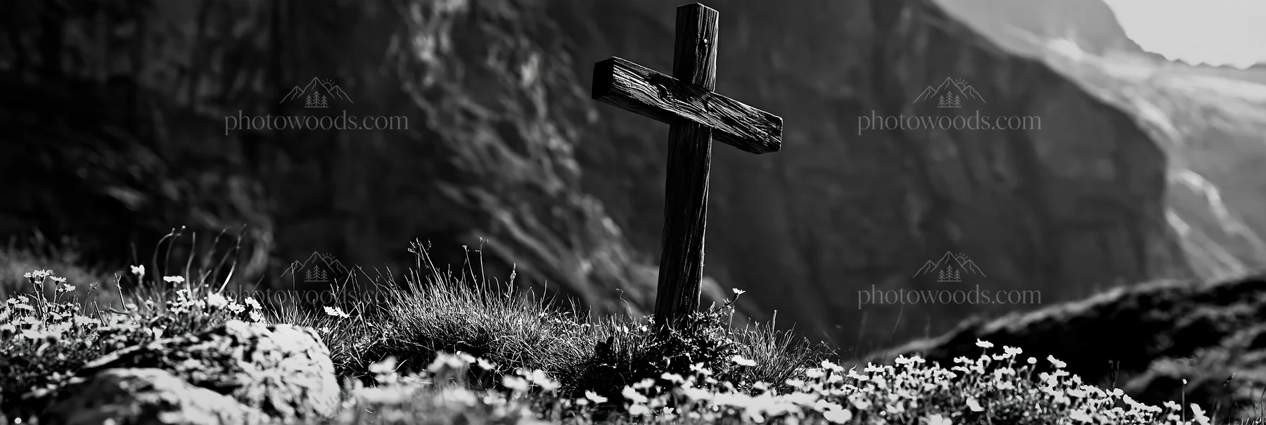 Wooden Christian cross in mountain meadow - AI-generated stock image