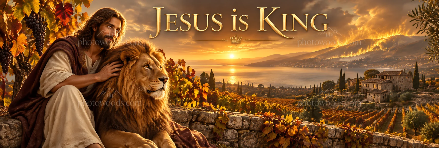 Jesus Christ with a lion in a vineyard at sunset - AI-generated stock image