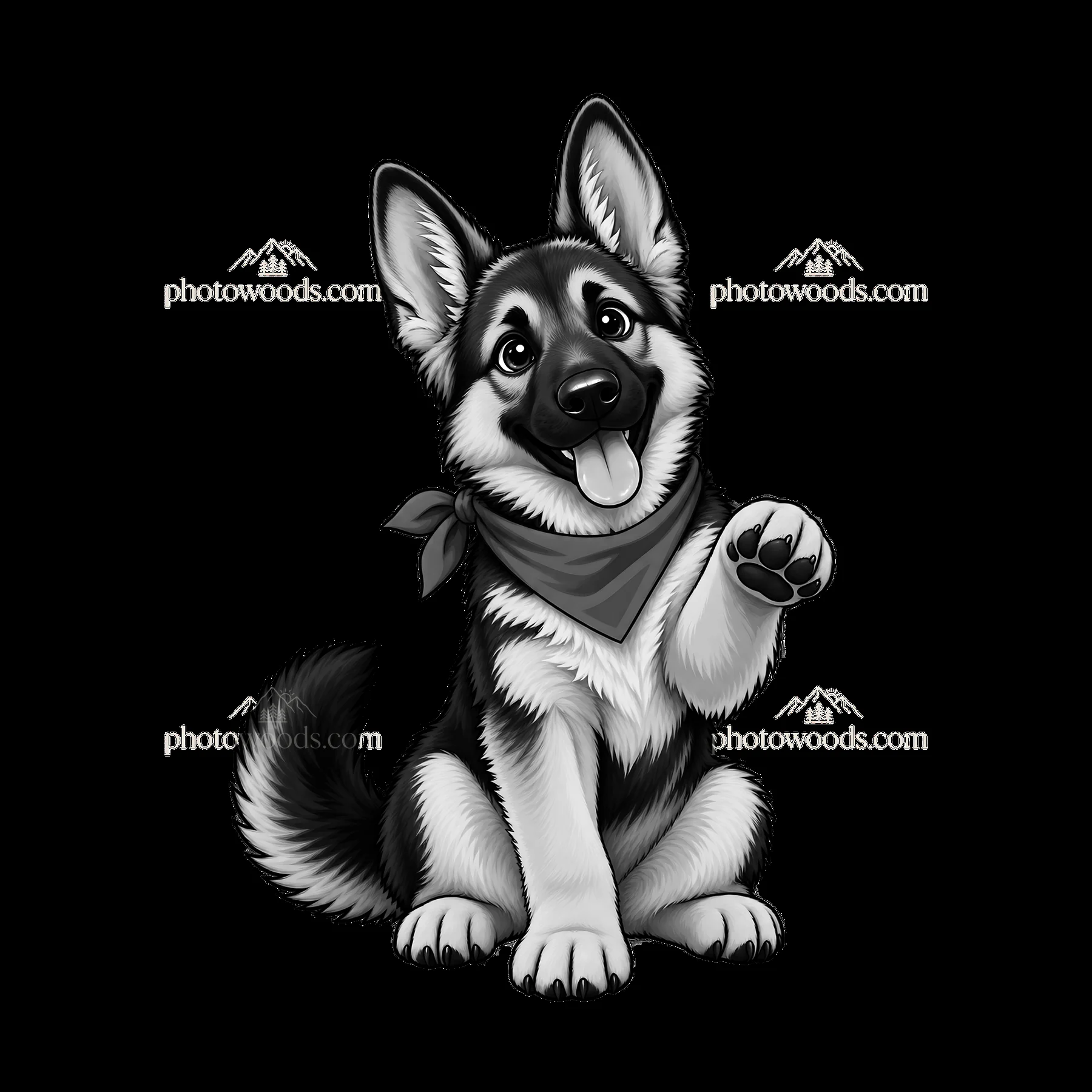 German Shepherd dog with raised paw and bandana in monochrome - AI-generated stock image