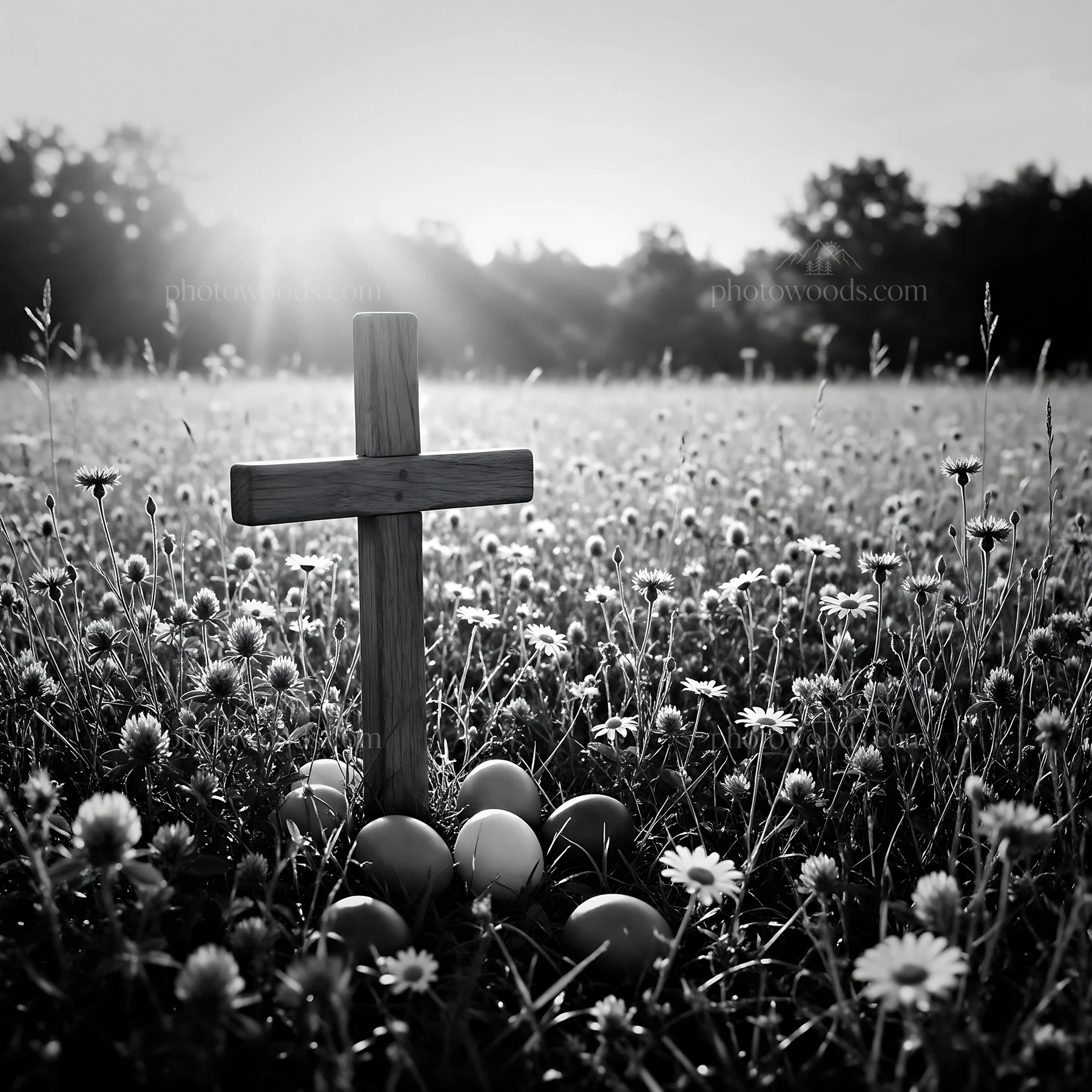 Cross in a meadow with light rays shining through trees - AI-generated stock image