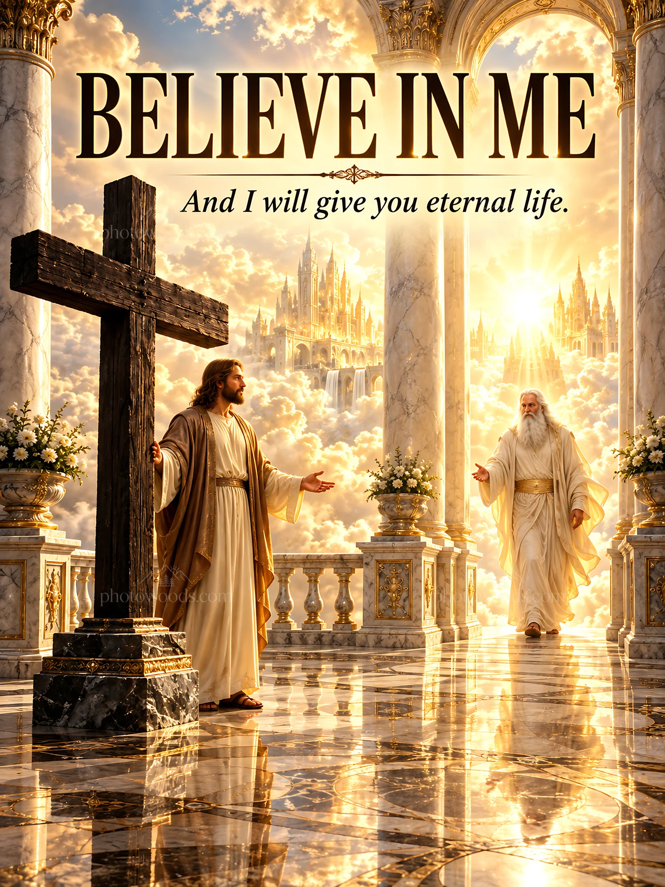 Jesus Christ inviting believers to eternal life - AI-generated stock image