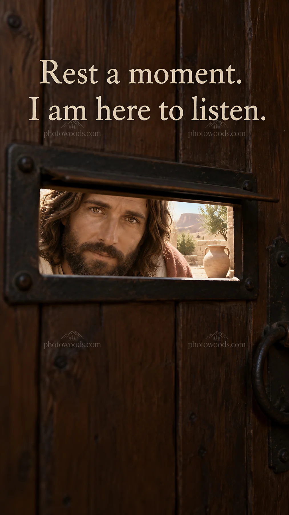 Jesus Christ offering comfort through a door - AI-generated stock image