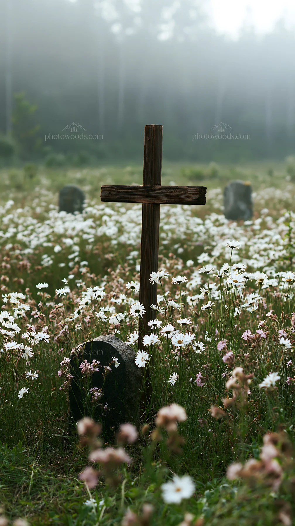 Wooden Christian cross in Christmas meadow with flowers - AI-generated stock image