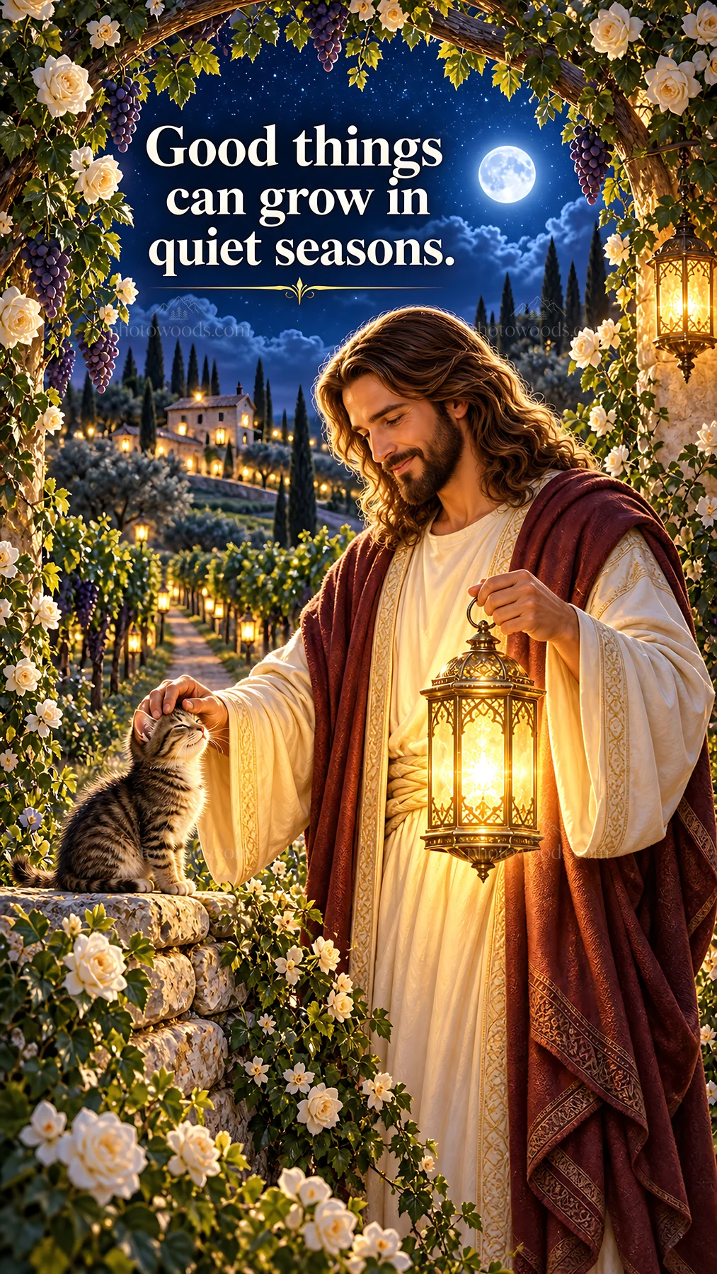 Jesus Christ comforting a cat in a garden - AI-generated stock image
