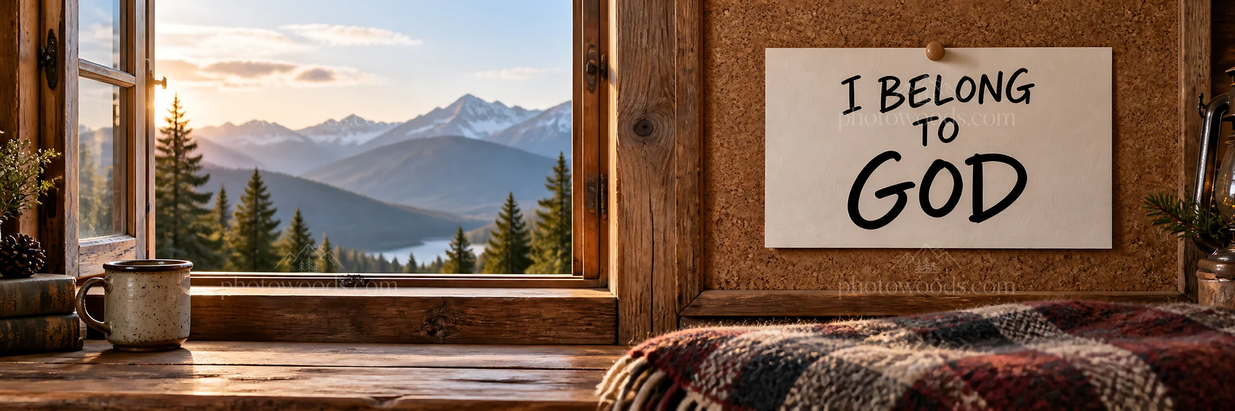 Jesus Christ in a cozy cabin with a view of the mountains - AI-generated stock image
