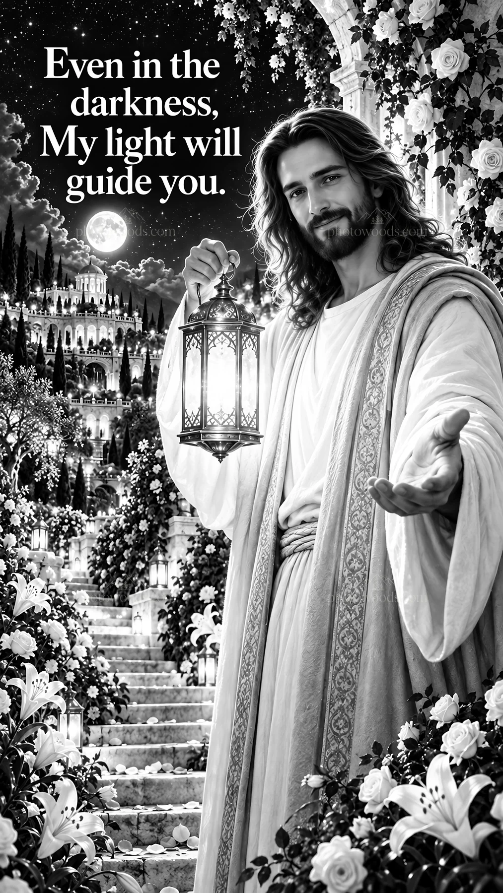 Jesus Christ offering light in a dark garden setting - AI-generated stock image