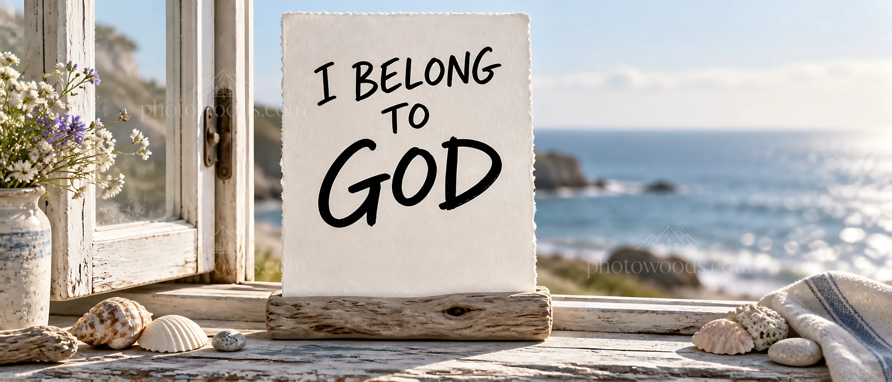 Jesus Christ signifies belonging to God at seaside - AI-generated stock image