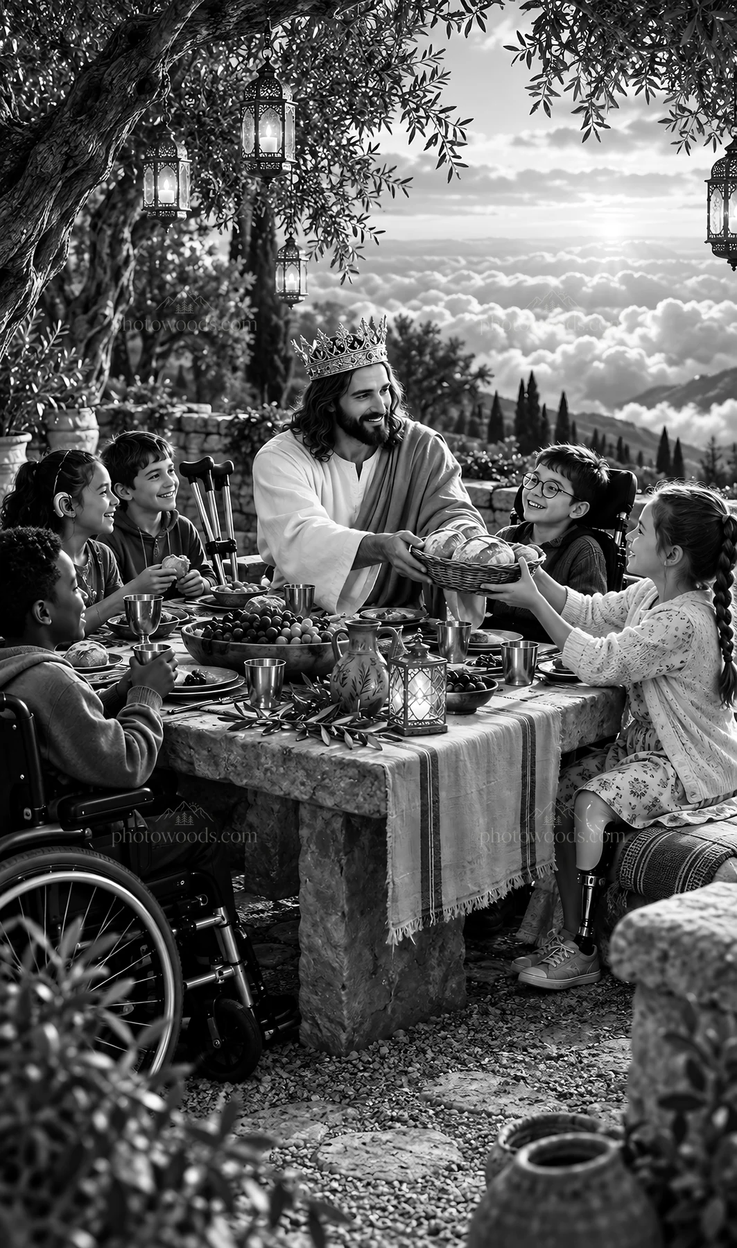 Jesus Christ sharing a meal with children in a contemporary setting - AI-generated stock image