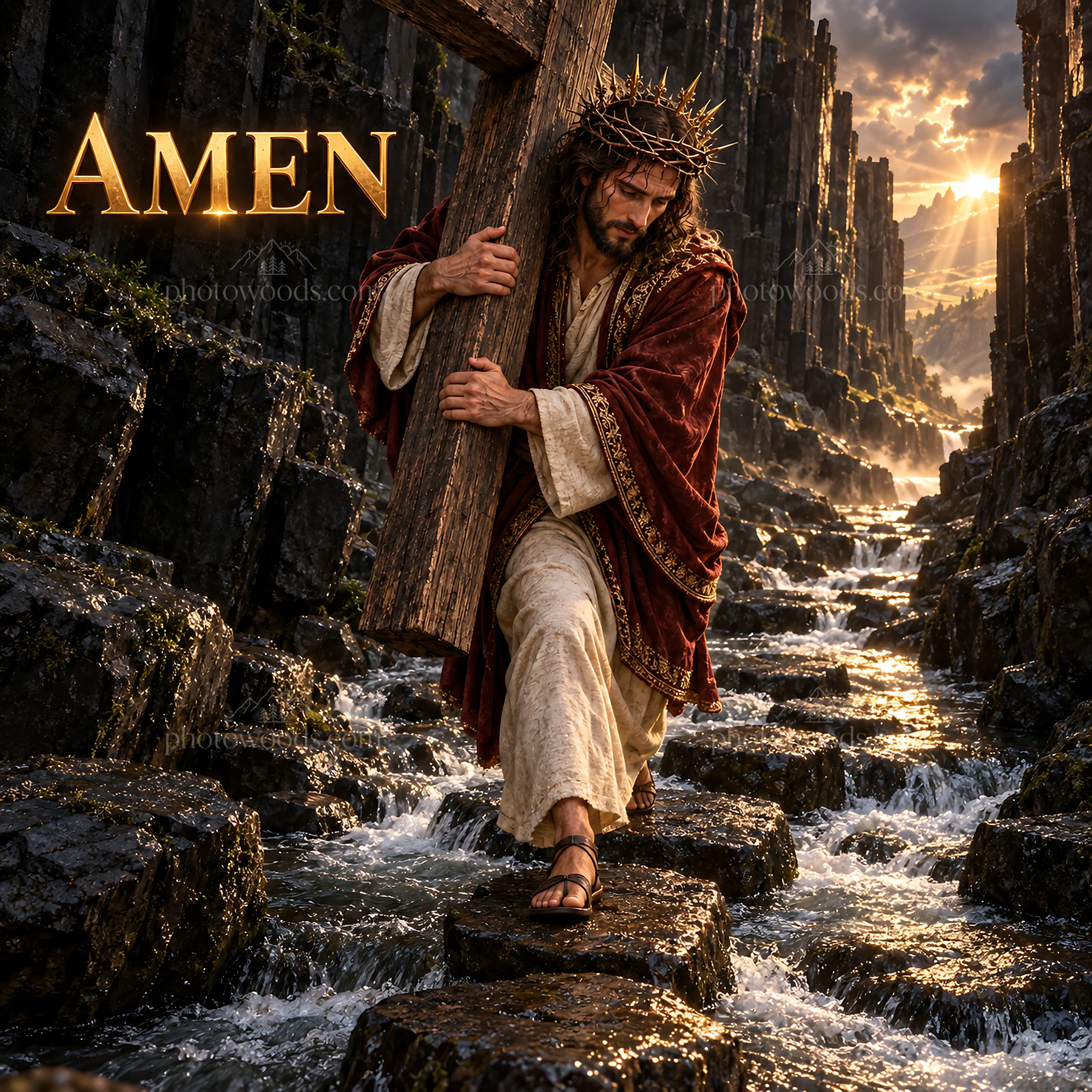 Jesus Christ carrying a cross through rocky terrain - AI-generated stock image