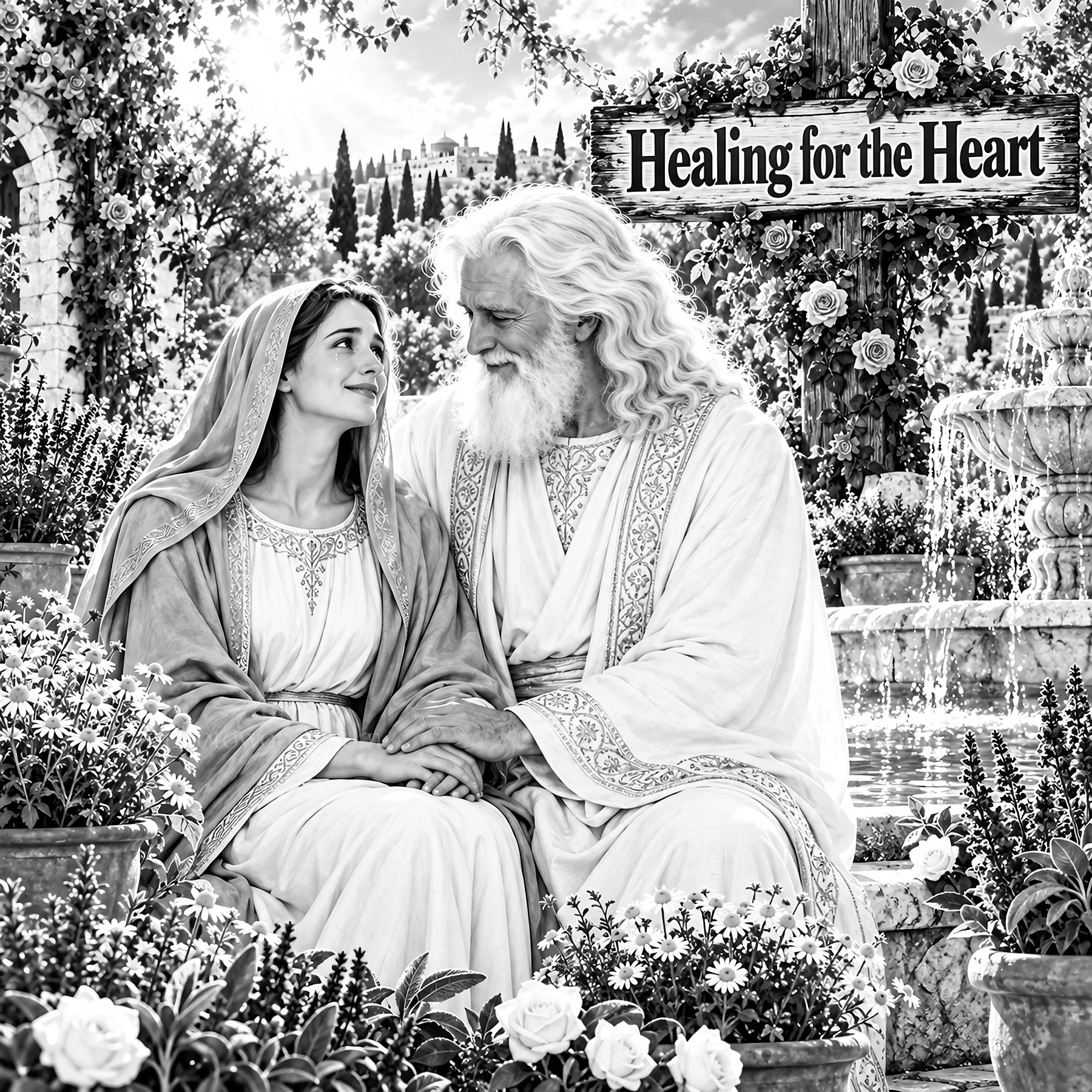 Jesus Christ sharing compassion in a garden setting - AI-generated stock image
