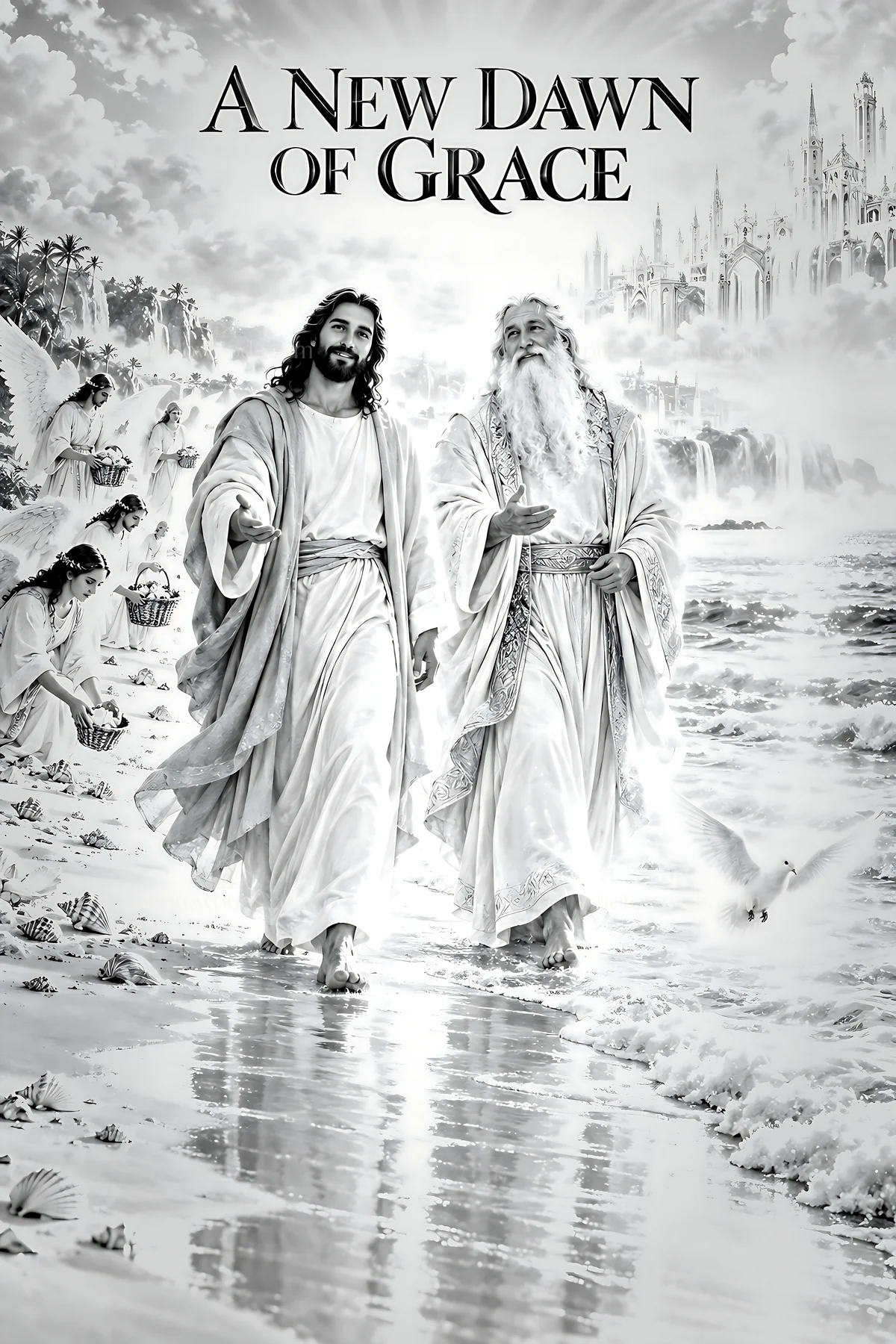 Walking on the shore with angels and a shining city - AI-generated stock image