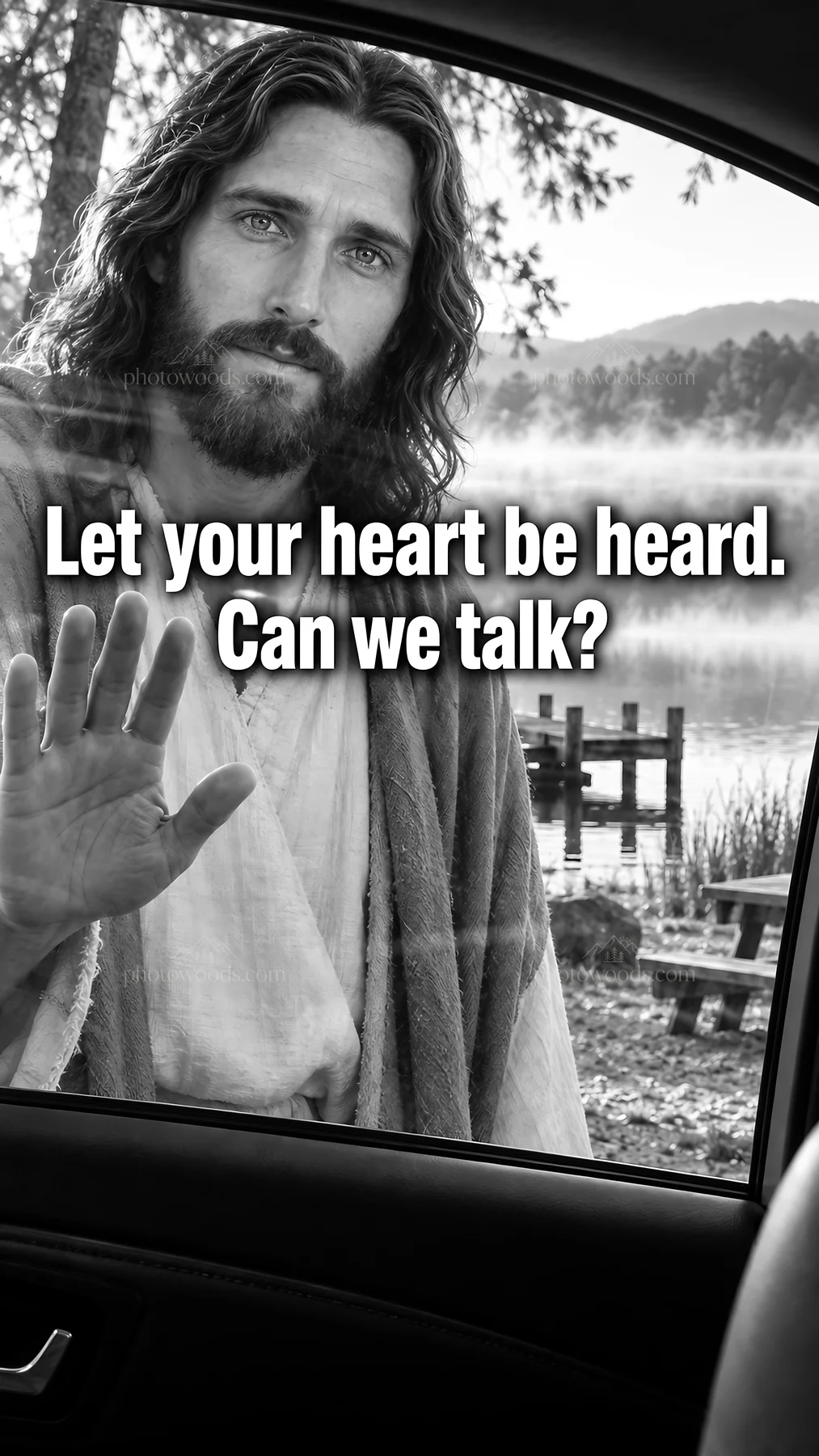 Jesus Christ invites reflection by the lakeside - AI-generated stock image