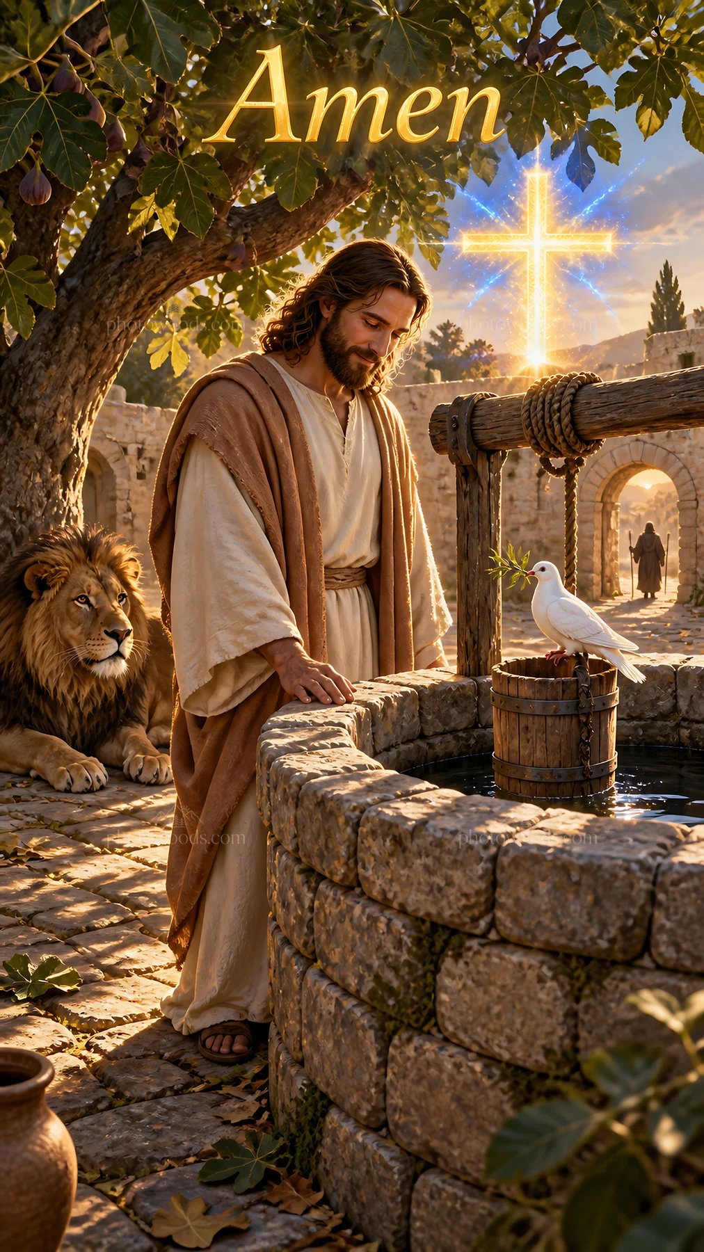 Jesus Christ interacting with a dove by a well - AI-generated stock image