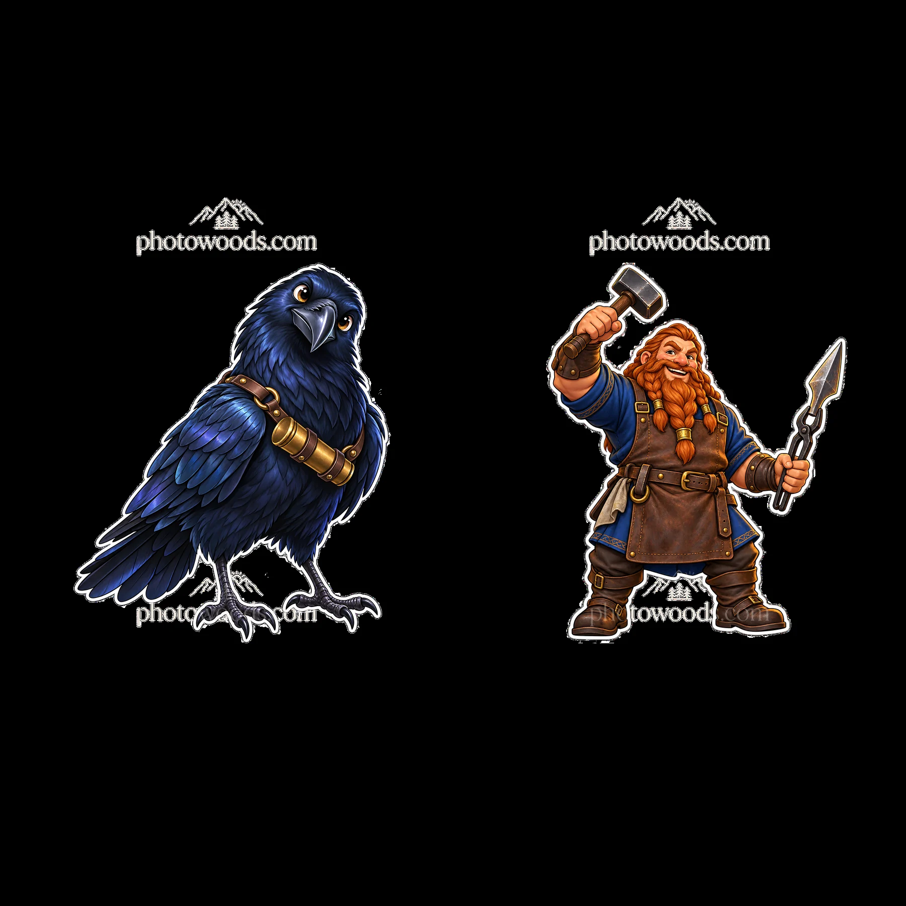 Odin's companions: a raven and a warrior holding a hammer - AI-generated stock image