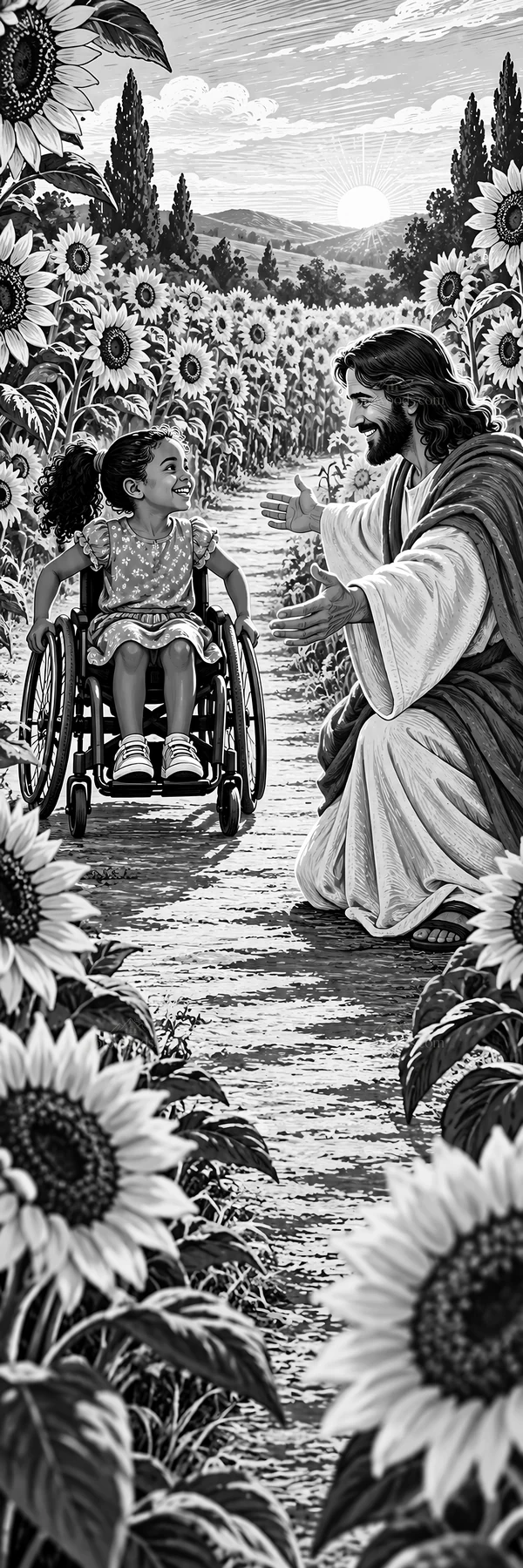 Jesus Christ comforting a child in a wheelchair among sunflowers - AI-generated stock image
